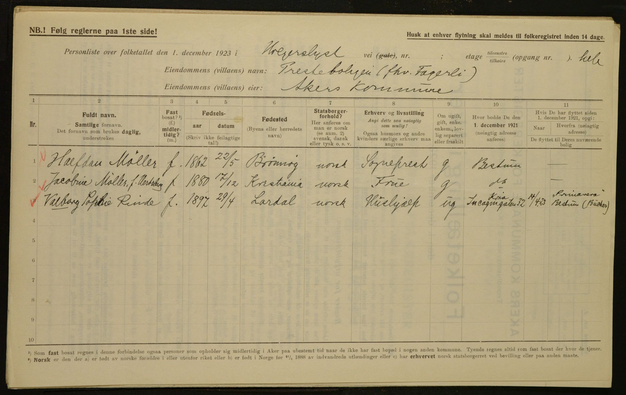 , Kommunal folketelling 1.12.1923 for Aker, 1923, s. 2591