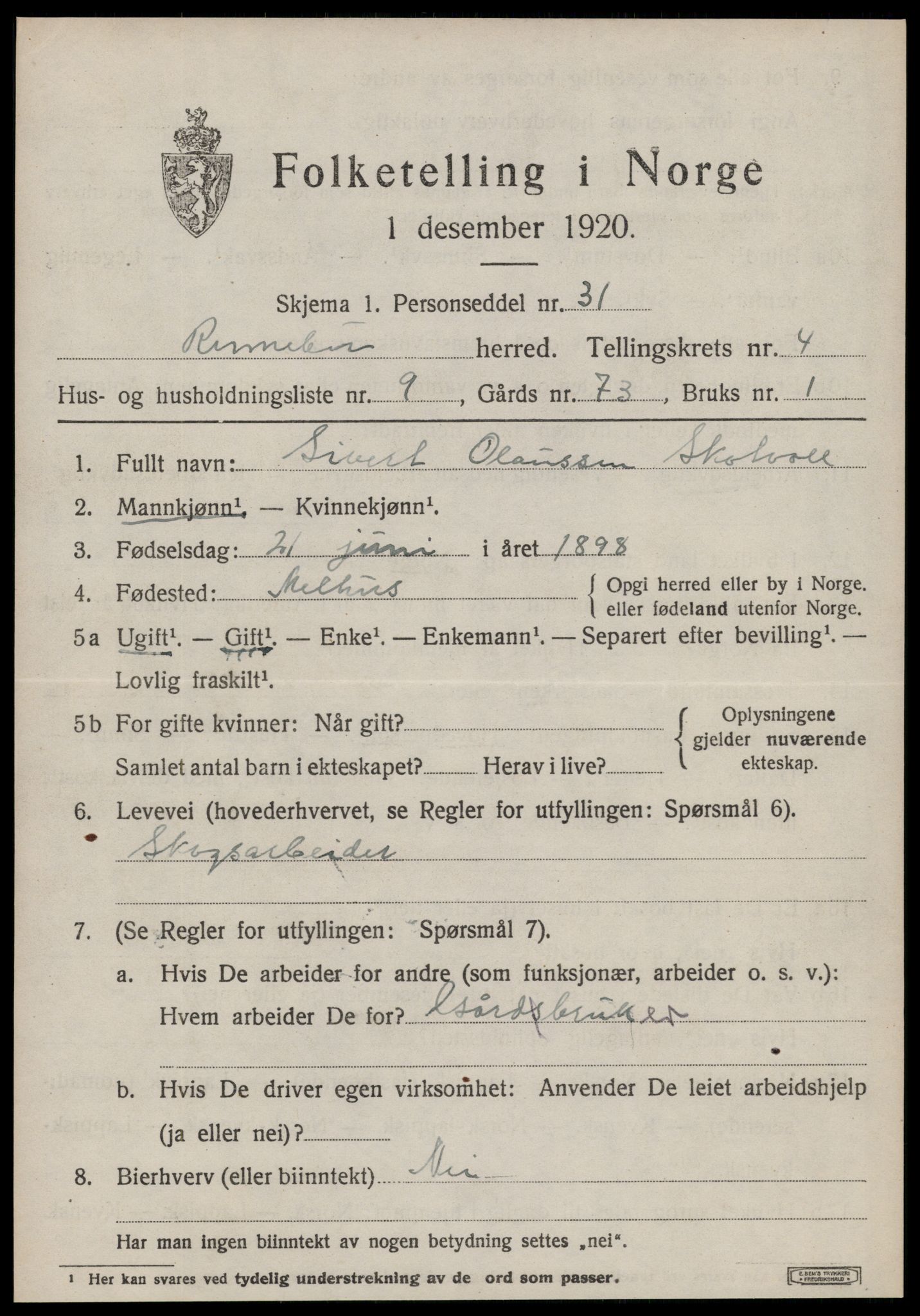 SAT, Folketelling 1920 for 1635 Rennebu herred, 1920, s. 2710