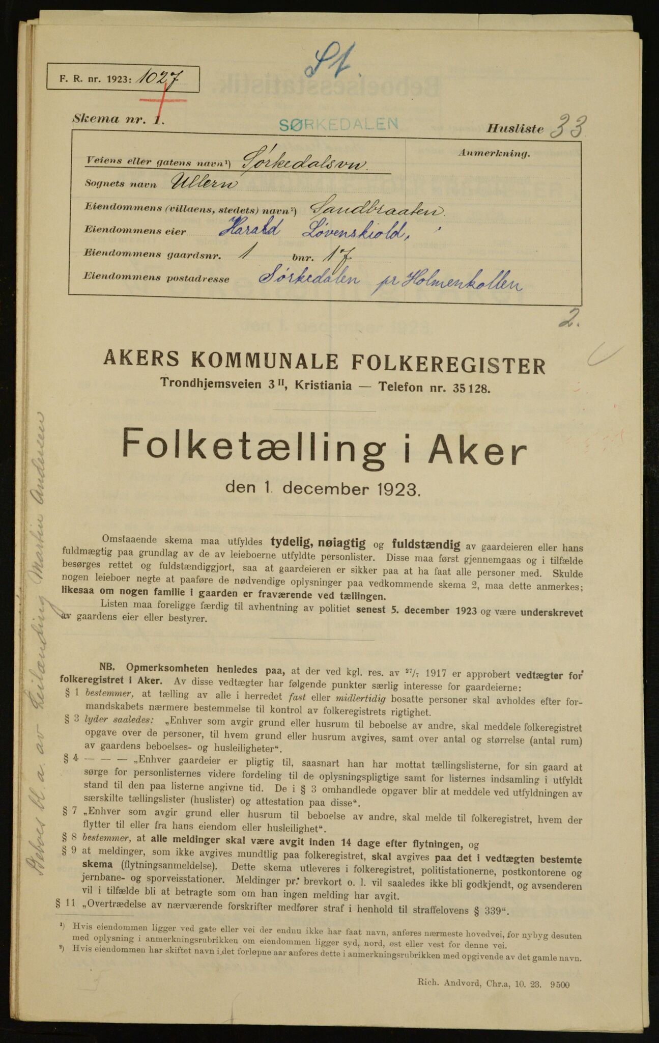 , Kommunal folketelling 1.12.1923 for Aker, 1923, s. 6245