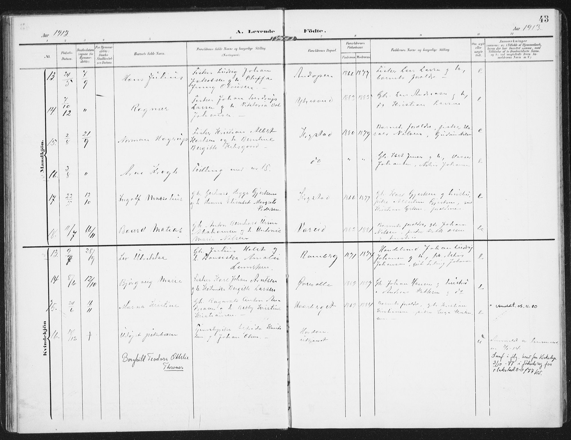 Ministerialprotokoller, klokkerbøker og fødselsregistre - Nordland, AV/SAT-A-1459/885/L1206: Ministerialbok nr. 885A07, 1905-1915, s. 43