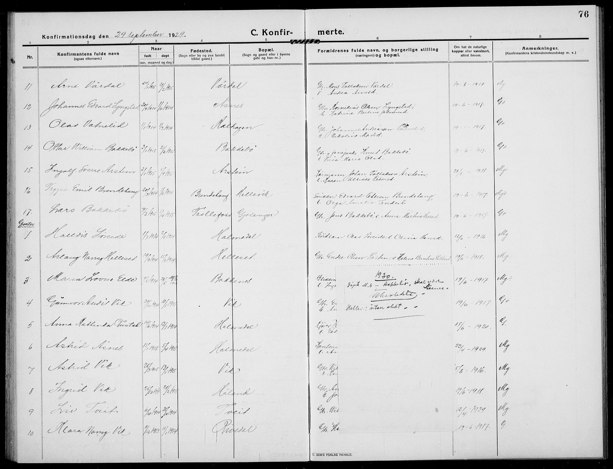 Fjaler sokneprestembete, AV/SAB-A-79801/H/Hab/Habb/L0003: Klokkerbok nr. B 3, 1913-1940, s. 76