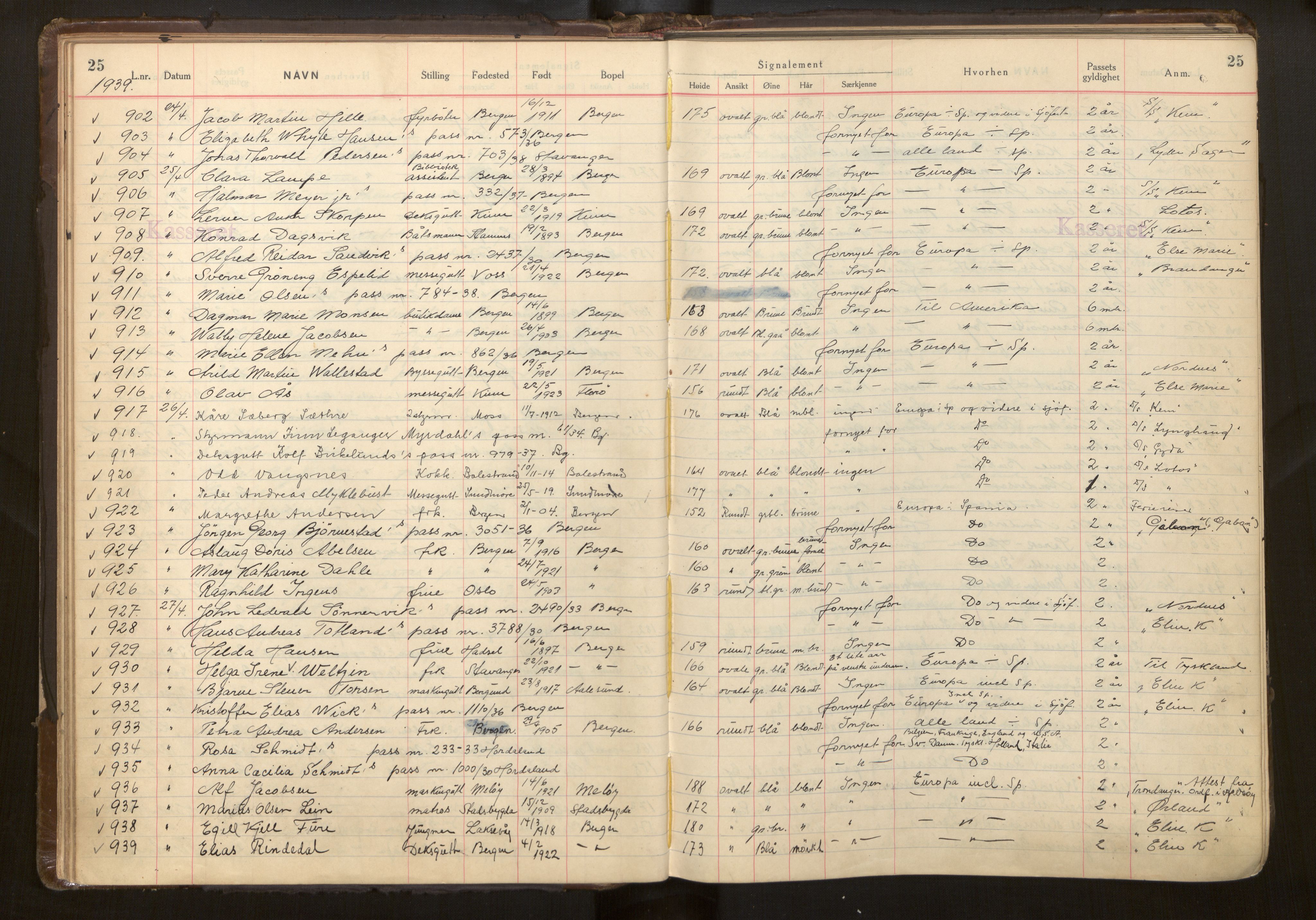 Bergen politikammer / politidistrikt, AV/SAB-A-60401/L/La/Lab/L0015: Passprotokoll, 1939-1946