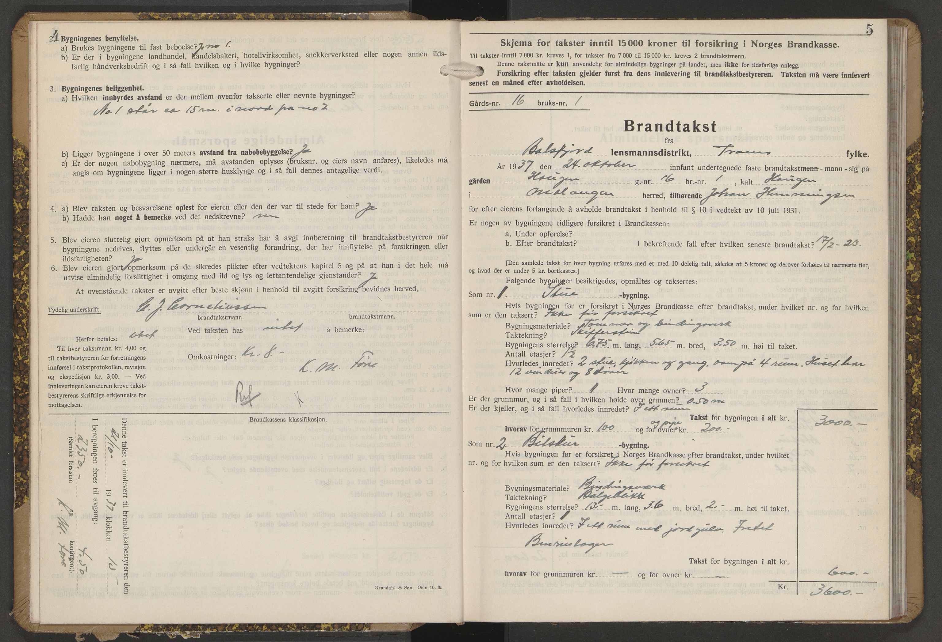 Lensmannen i Balsfjord, AV/SATØ-S-0085/Hf/Hfb/L0192: Branntakstprotokoller 1873-1979. Med register, 1937-1939