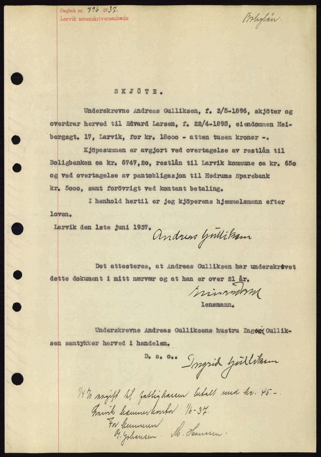 Larvik sorenskriveri, SAKO/A-83/G/Ga/Gab/L0067: Pantebok nr. A-1, 1936-1937, Dagboknr: 796/1937