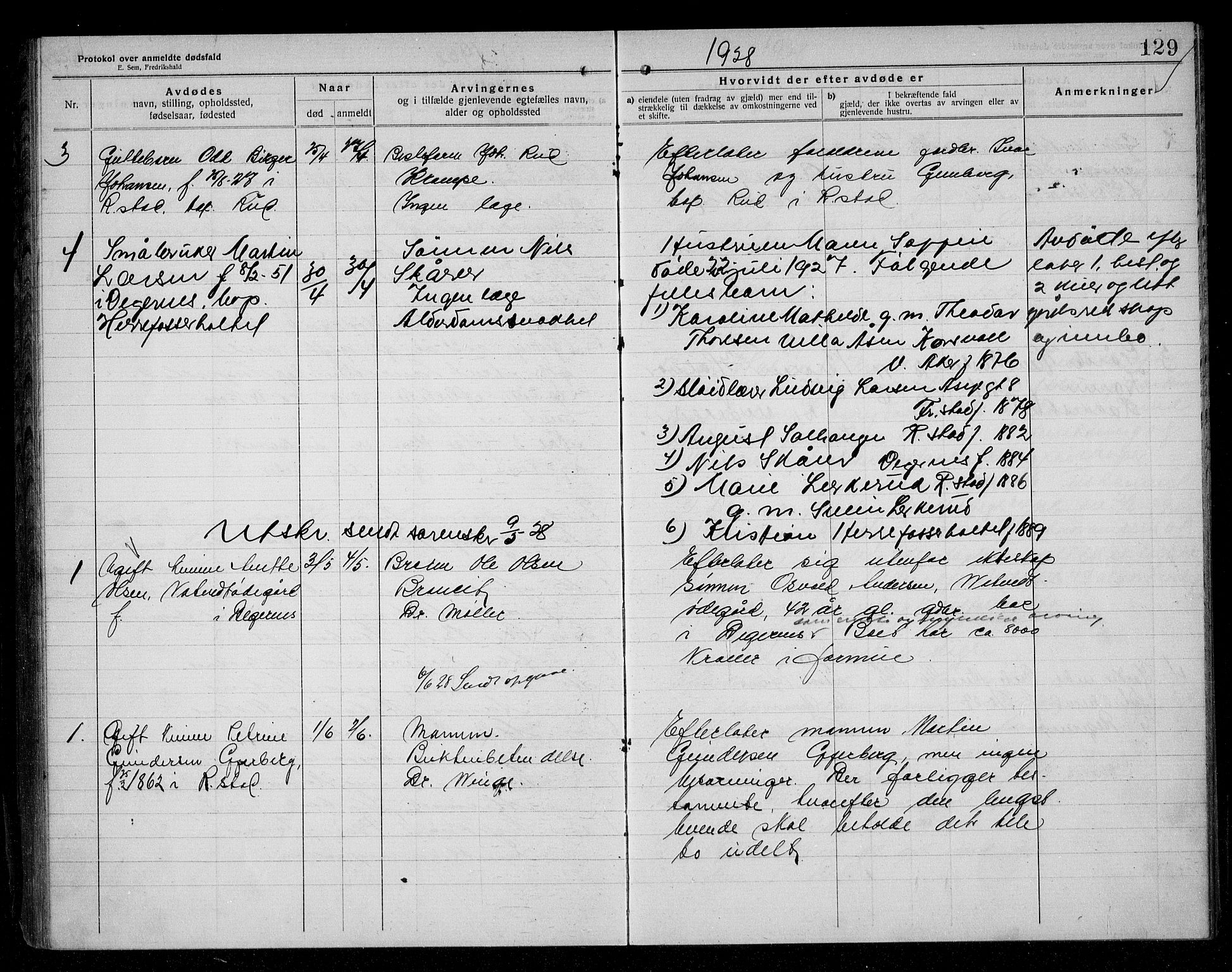 Rakkestad lensmannskontor, AV/SAO-A-10004/H/Ha/Haa/L0004: Dødsanmeldelsesprotokoll, 1920-1931, s. 129