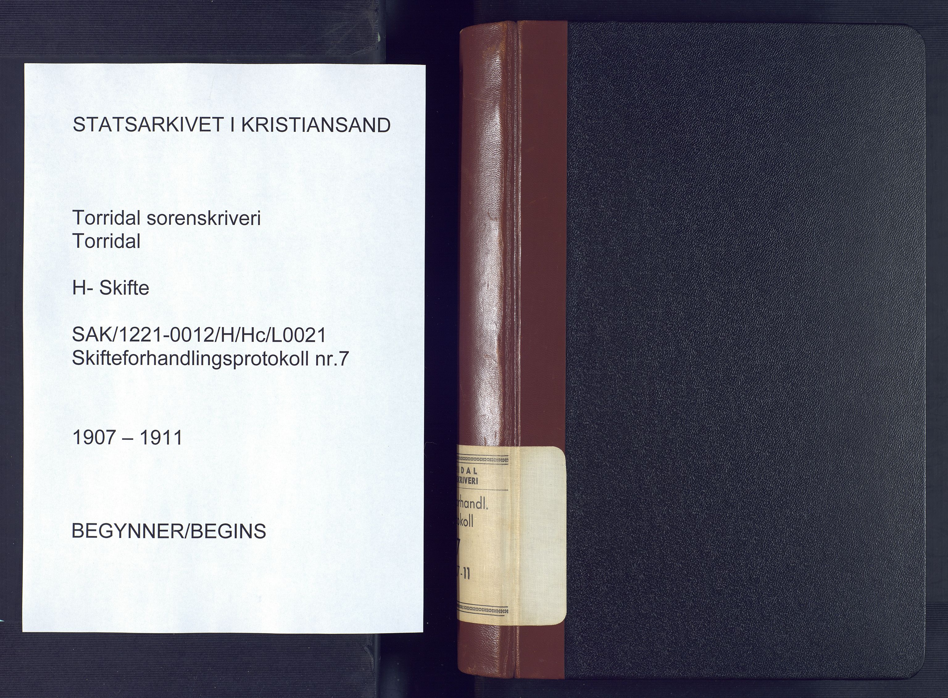 Torridal sorenskriveri, SAK/1221-0012/H/Hc/L0021: Skifteforhandlingsprotokoll med navneregister nr. 7, 1907-1911