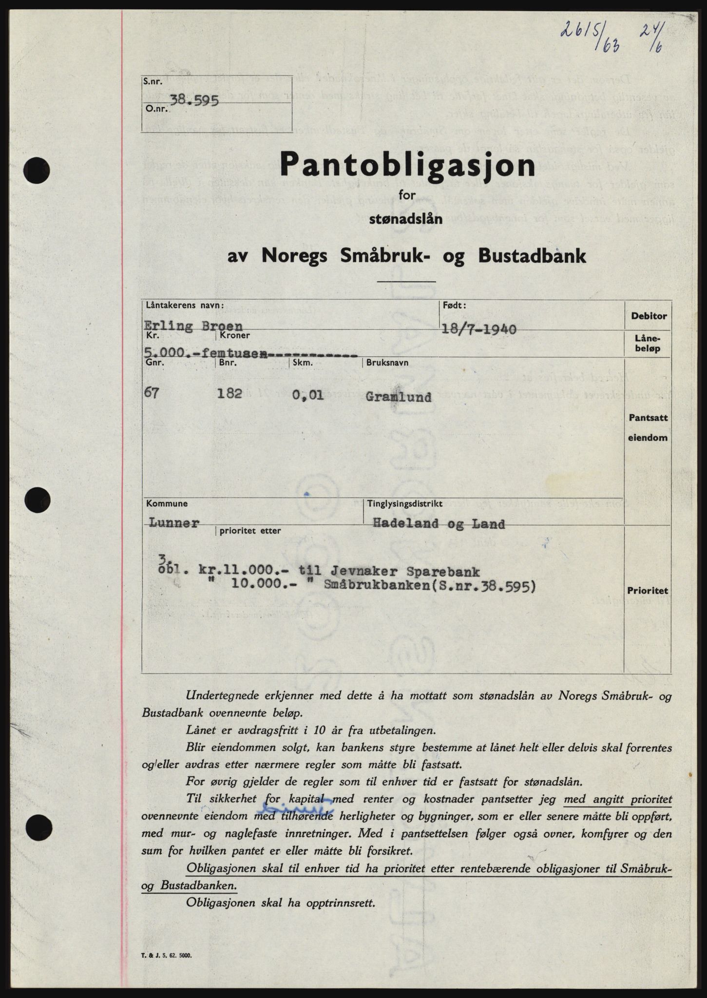Hadeland og Land tingrett, SAH/TING-010/H/Hb/Hbc/L0052: Pantebok nr. B52, 1963-1963, Dagboknr: 2615/1963