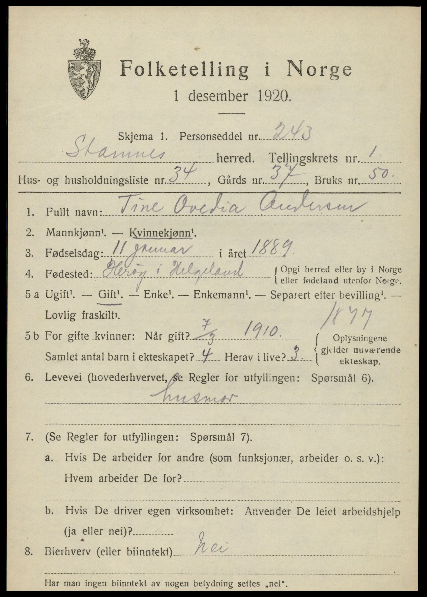 SAT, Folketelling 1920 for 1821 Stamnes herred, 1920, s. 1052