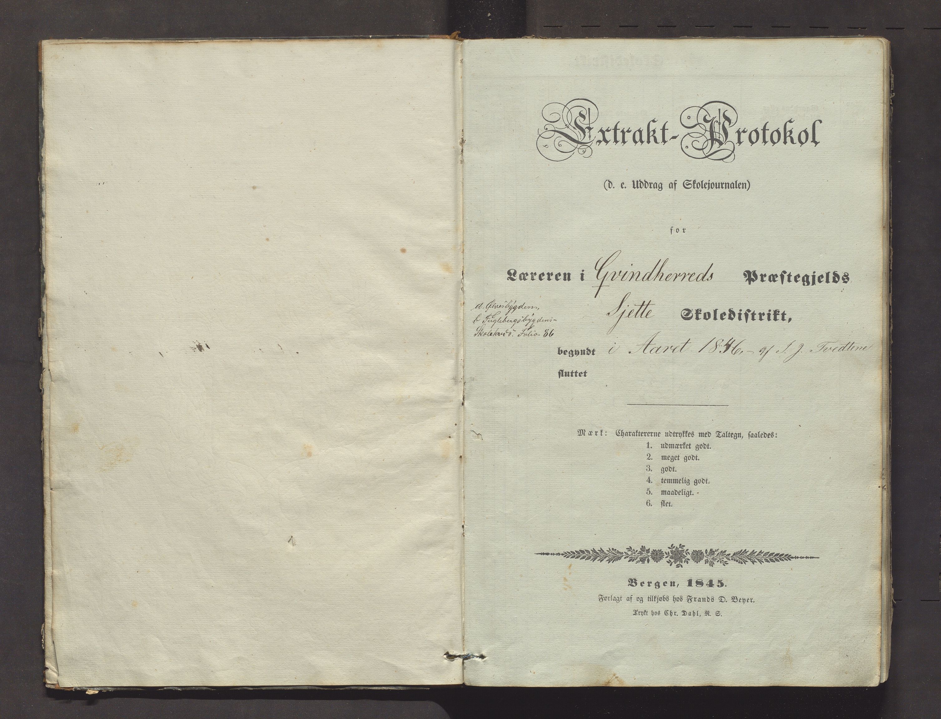 Kvinnherad kommune. Barneskulane, IKAH/1224-231/F/Fb/L0001: Skuleprotokoll for Ølvesbygden og Fuglebergbygden i 6. skuledistrikt, 1846-1872