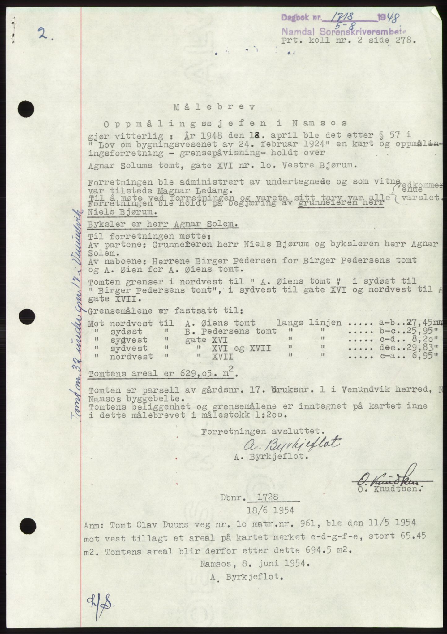 Namdal sorenskriveri, SAT/A-4133/1/2/2C: Pantebok nr. -, 1948-1948, Dagboknr: 1718/1948