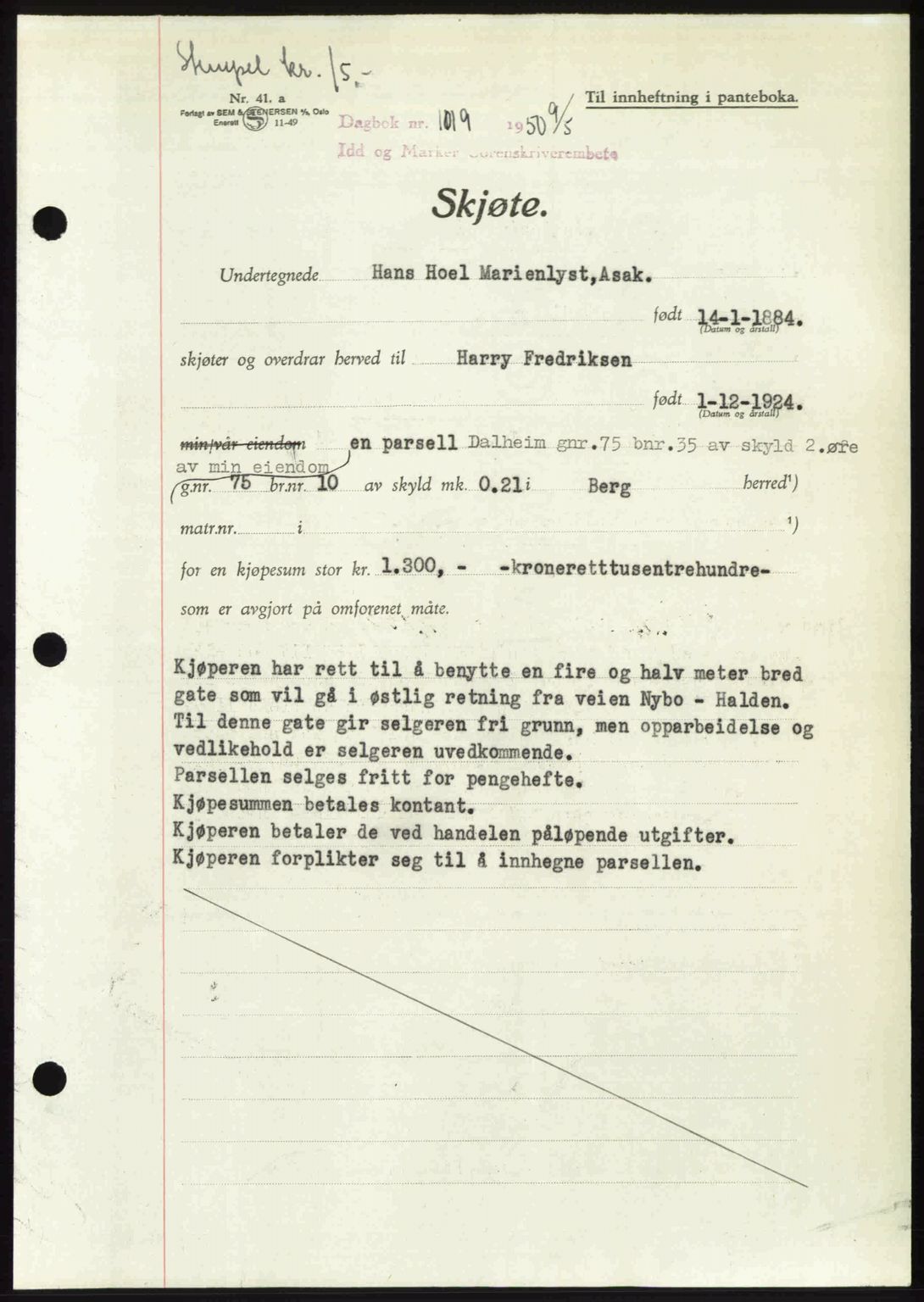 Idd og Marker sorenskriveri, AV/SAO-A-10283/G/Gb/Gbb/L0014: Pantebok nr. A14, 1950-1950, Dagboknr: 1019/1950