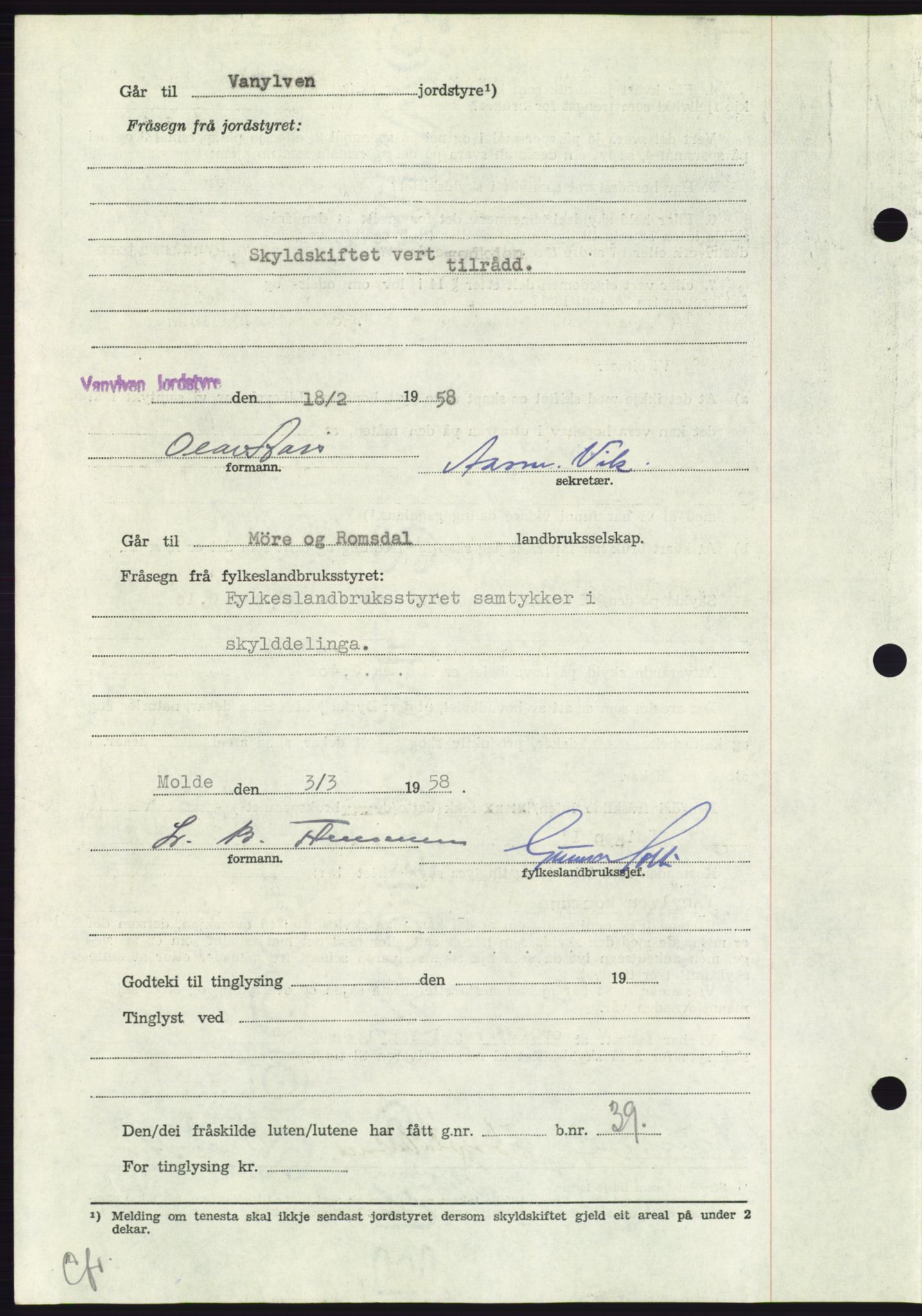 Søre Sunnmøre sorenskriveri, AV/SAT-A-4122/1/2/2C/L0110: Pantebok nr. 36A, 1958-1958, Dagboknr: 2032/1958