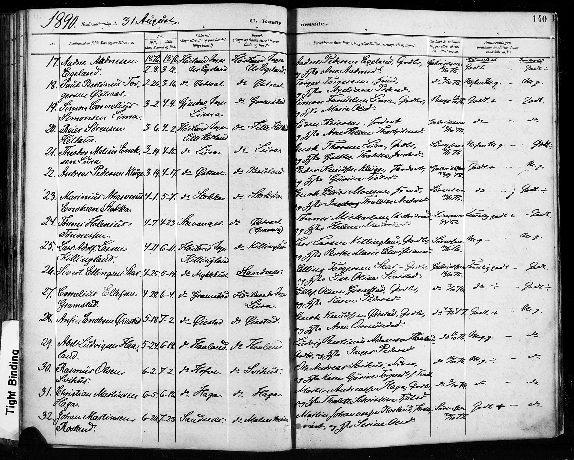 Høyland sokneprestkontor, AV/SAST-A-101799/001/30BA/L0013: Ministerialbok nr. A 13.1, 1889-1898, s. 140