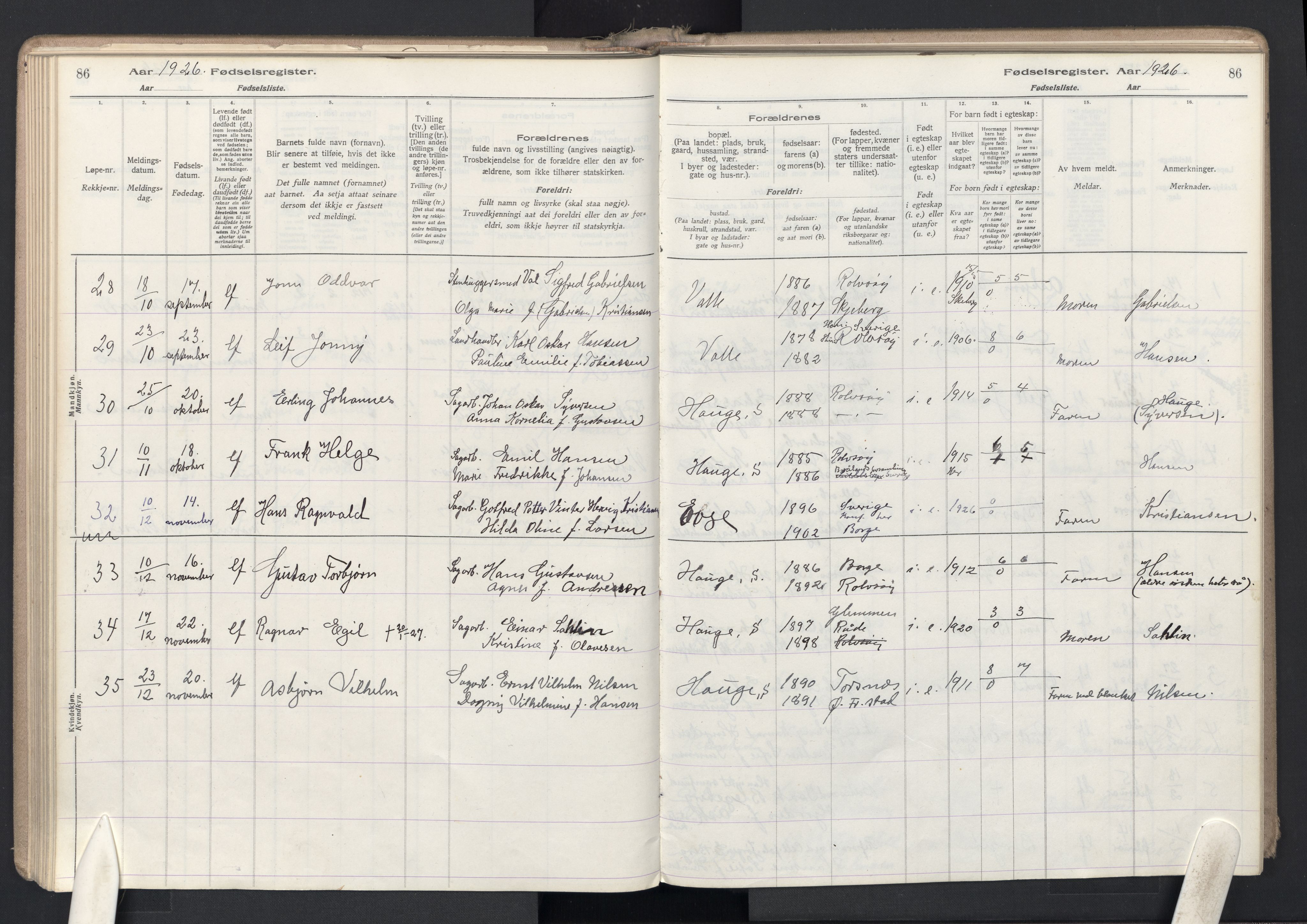 Rolvsøy prestekontor Kirkebøker, AV/SAO-A-2004/J/Ja/L0001: Fødselsregister nr. 1, 1916-1946, s. 86