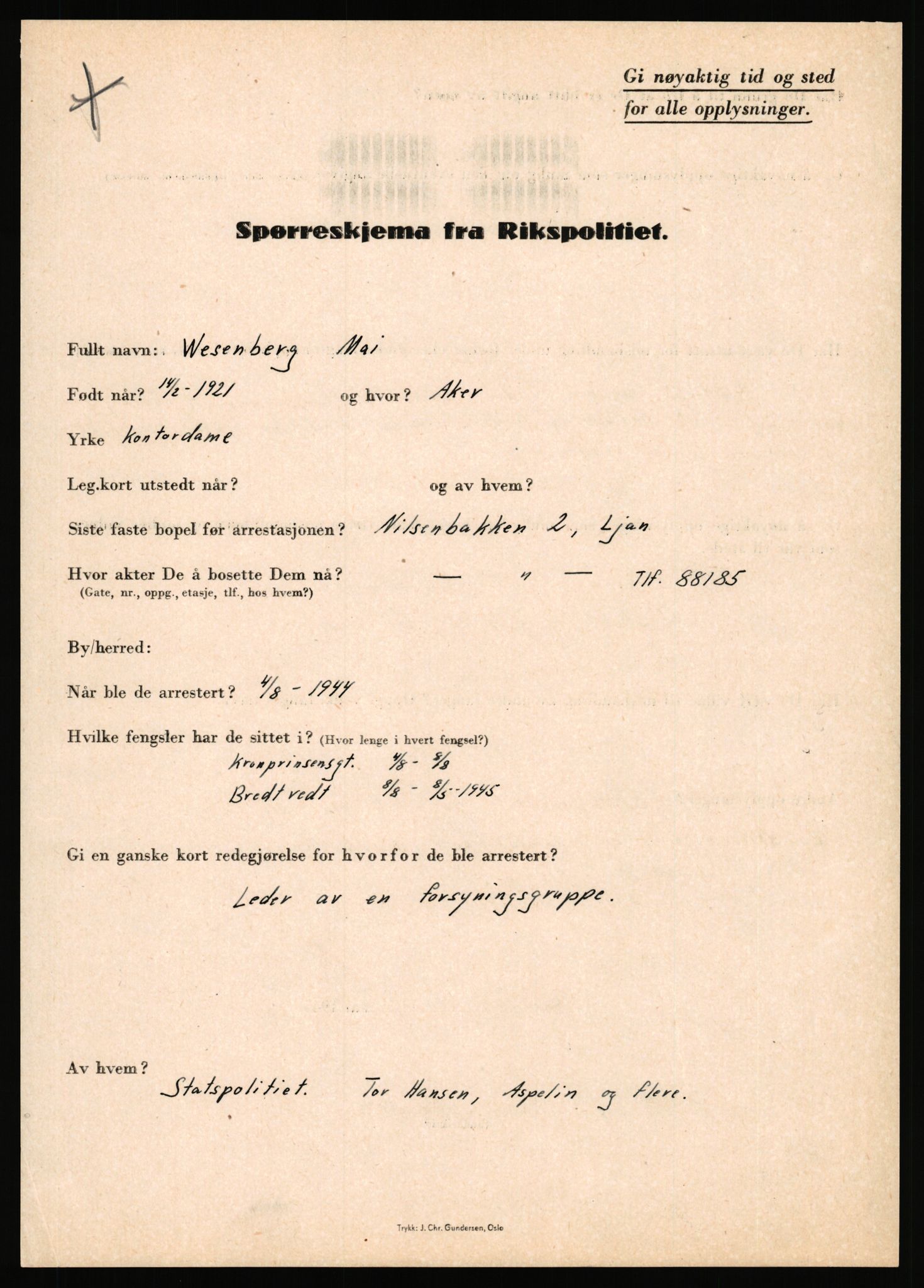 Rikspolitisjefen, AV/RA-S-1560/L/L0017: Tidemann, Hermann G. - Veum, Tjostolv, 1940-1945, s. 1133