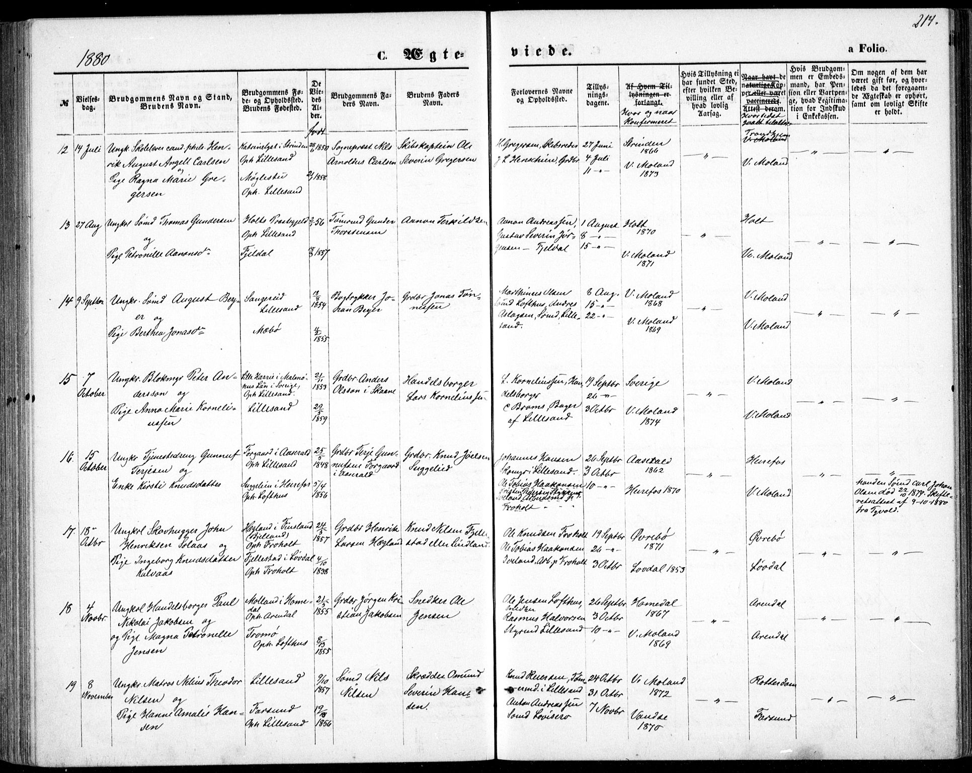 Vestre Moland sokneprestkontor, SAK/1111-0046/F/Fb/Fbb/L0005: Klokkerbok nr. B 5, 1872-1883, s. 214
