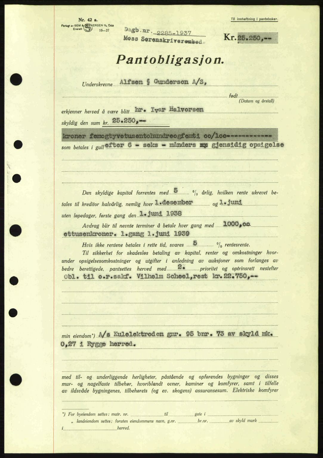Moss sorenskriveri, SAO/A-10168: Pantebok nr. B4, 1937-1938, Dagboknr: 2285/1937