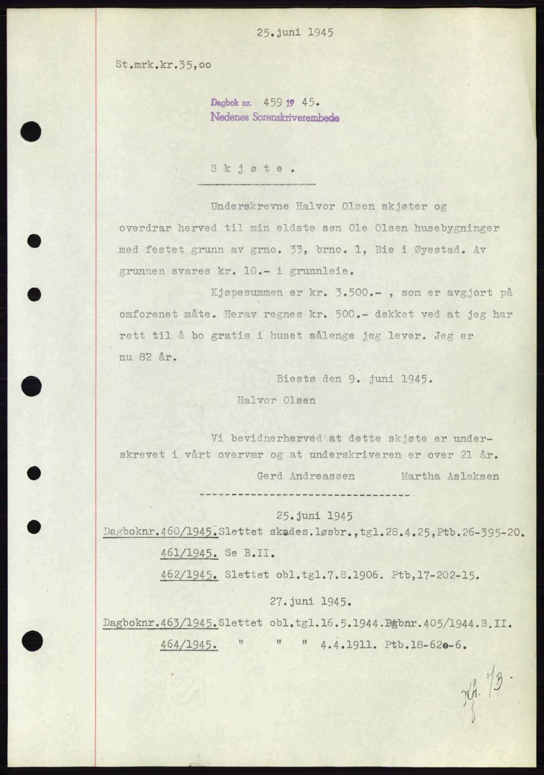 Nedenes sorenskriveri, SAK/1221-0006/G/Gb/Gba/L0052: Pantebok nr. A6a, 1944-1945, Dagboknr: 459/1945