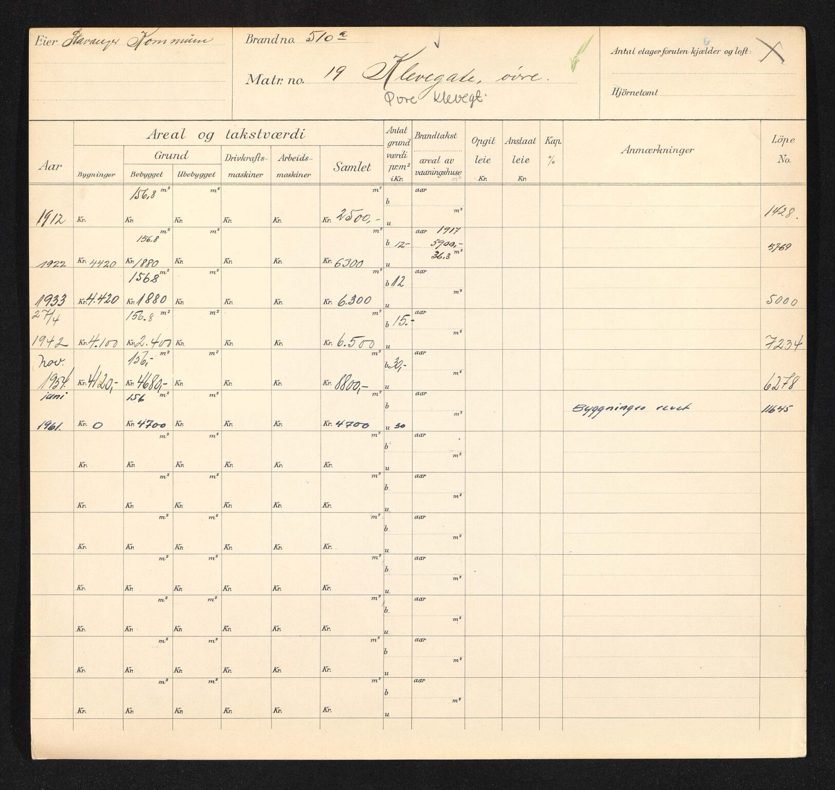 Stavanger kommune. Skattetakstvesenet, BYST/A-0440/F/Fa/Faa/L0047/0001: Skattetakstkort / Øvre Kleivegate 16 - Øvre Stokkavei 30a