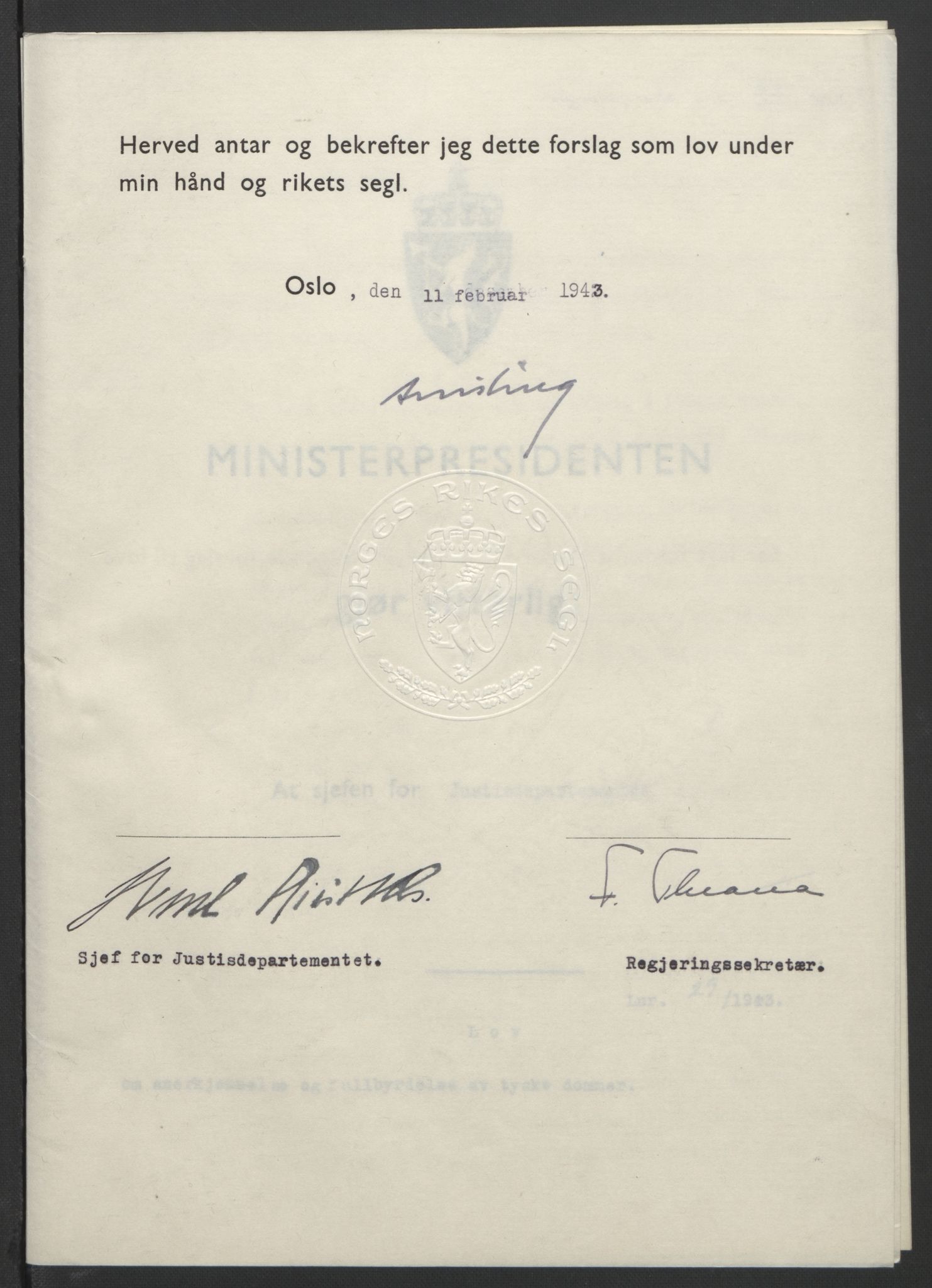 NS-administrasjonen 1940-1945 (Statsrådsekretariatet, de kommisariske statsråder mm), RA/S-4279/D/Db/L0099: Lover, 1943, s. 123