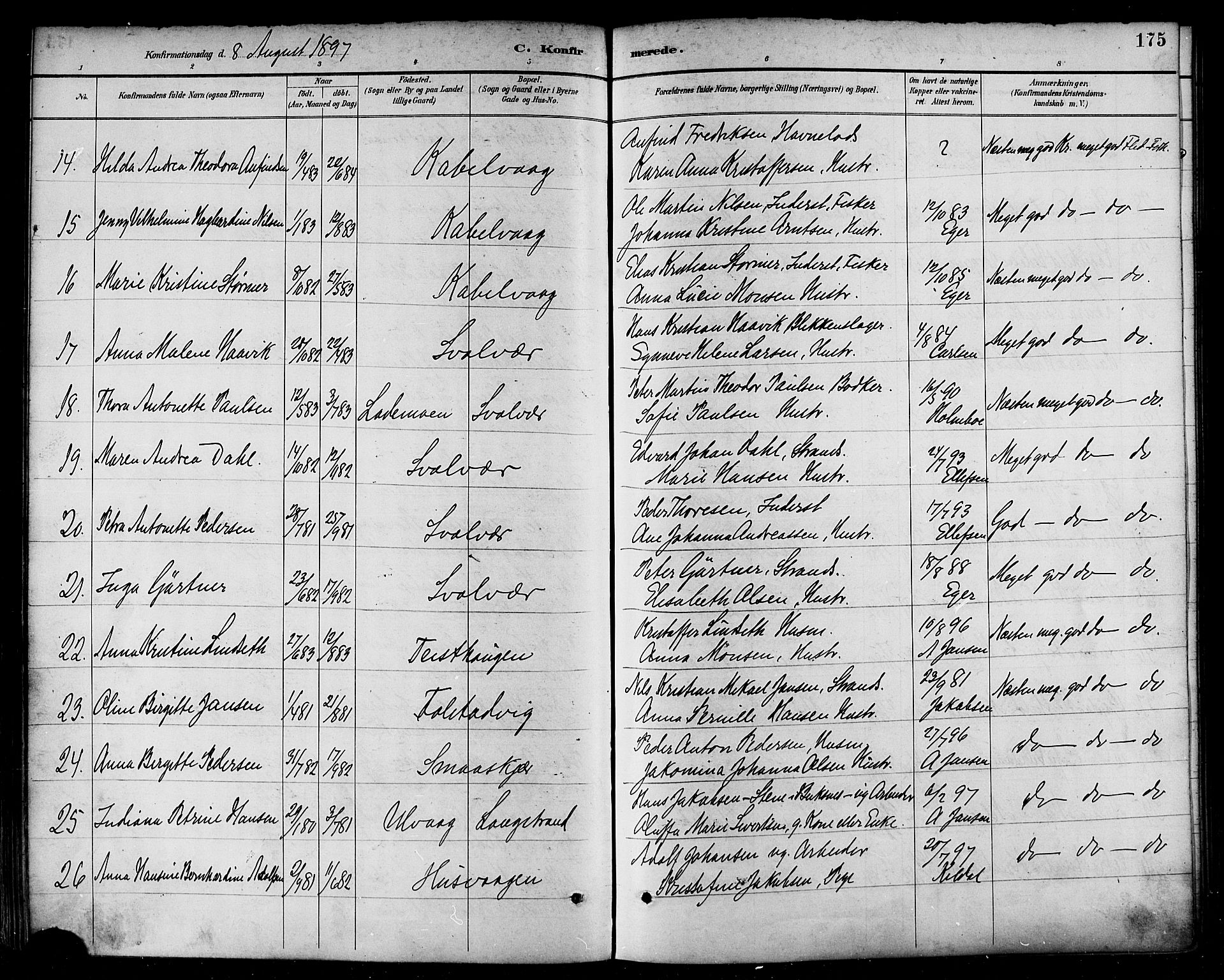 Ministerialprotokoller, klokkerbøker og fødselsregistre - Nordland, SAT/A-1459/874/L1060: Ministerialbok nr. 874A04, 1890-1899, s. 175