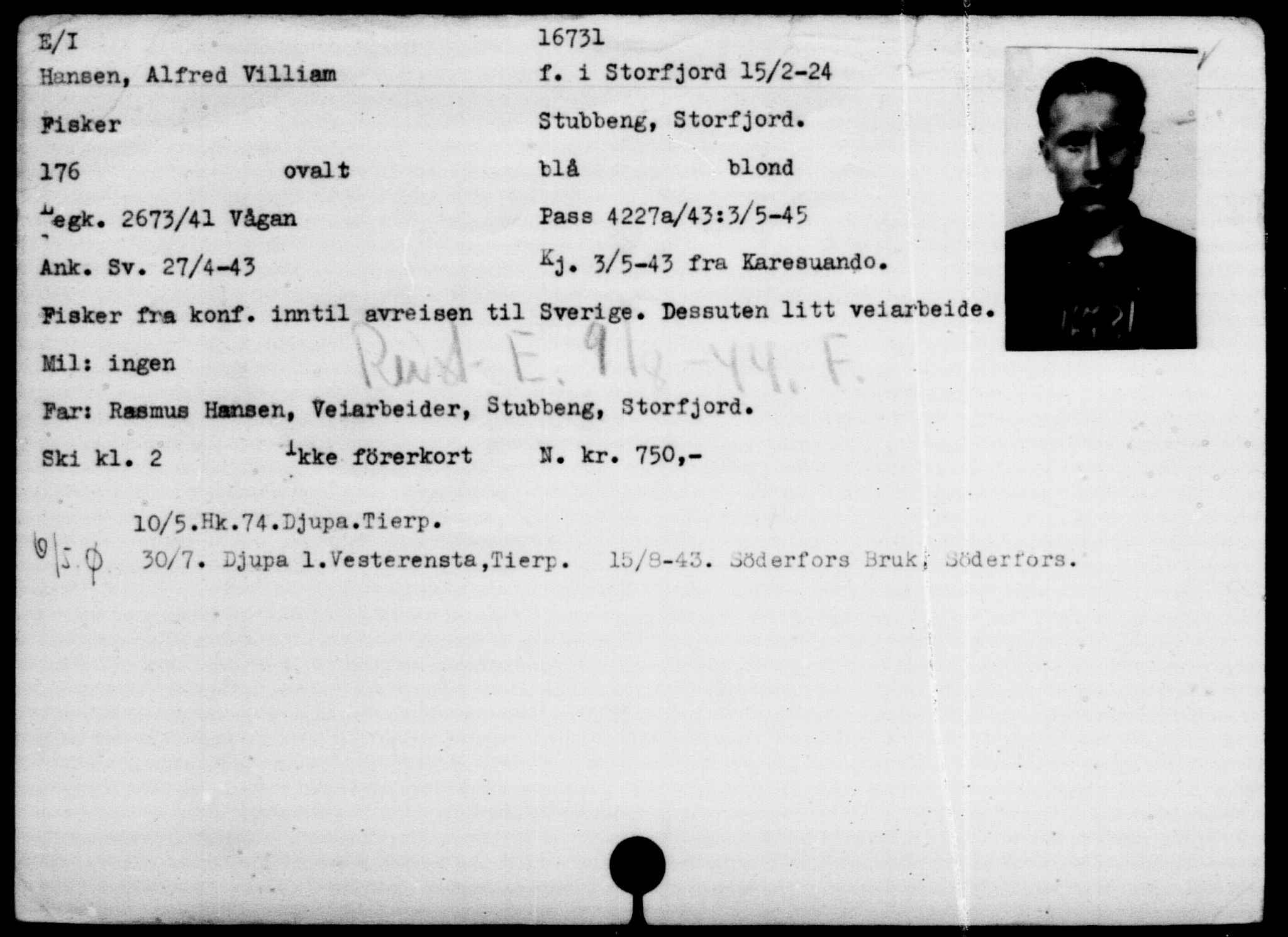 Utenriksstasjonene, Legasjonen i Stockholm, Flyktningkontoret, AV/RA-S-6753/V/Va/L0008: Kjesäterkartoteket, flyktninger med registreringsnr. 15700-18547, 1940-1945, s. 1123