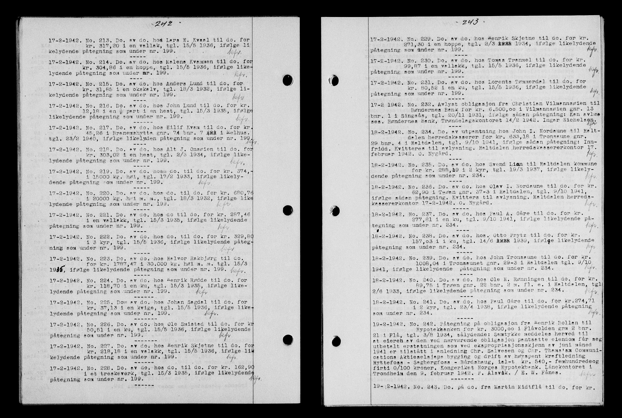 Gauldal sorenskriveri, SAT/A-0014/1/2/2C/L0054: Pantebok nr. 59, 1941-1942, Dagboknr: 213/1942