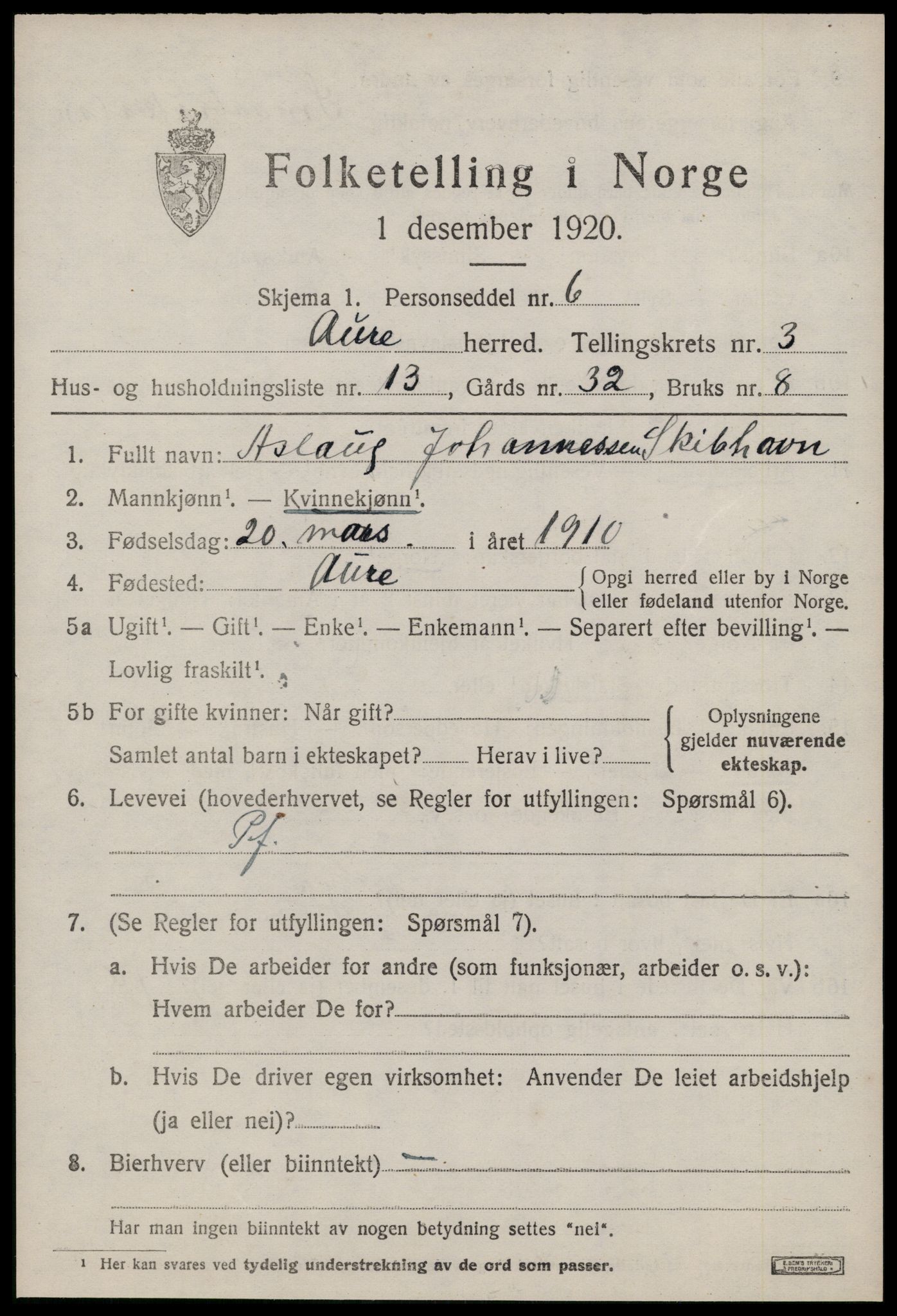 SAT, Folketelling 1920 for 1569 Aure herred, 1920, s. 1826