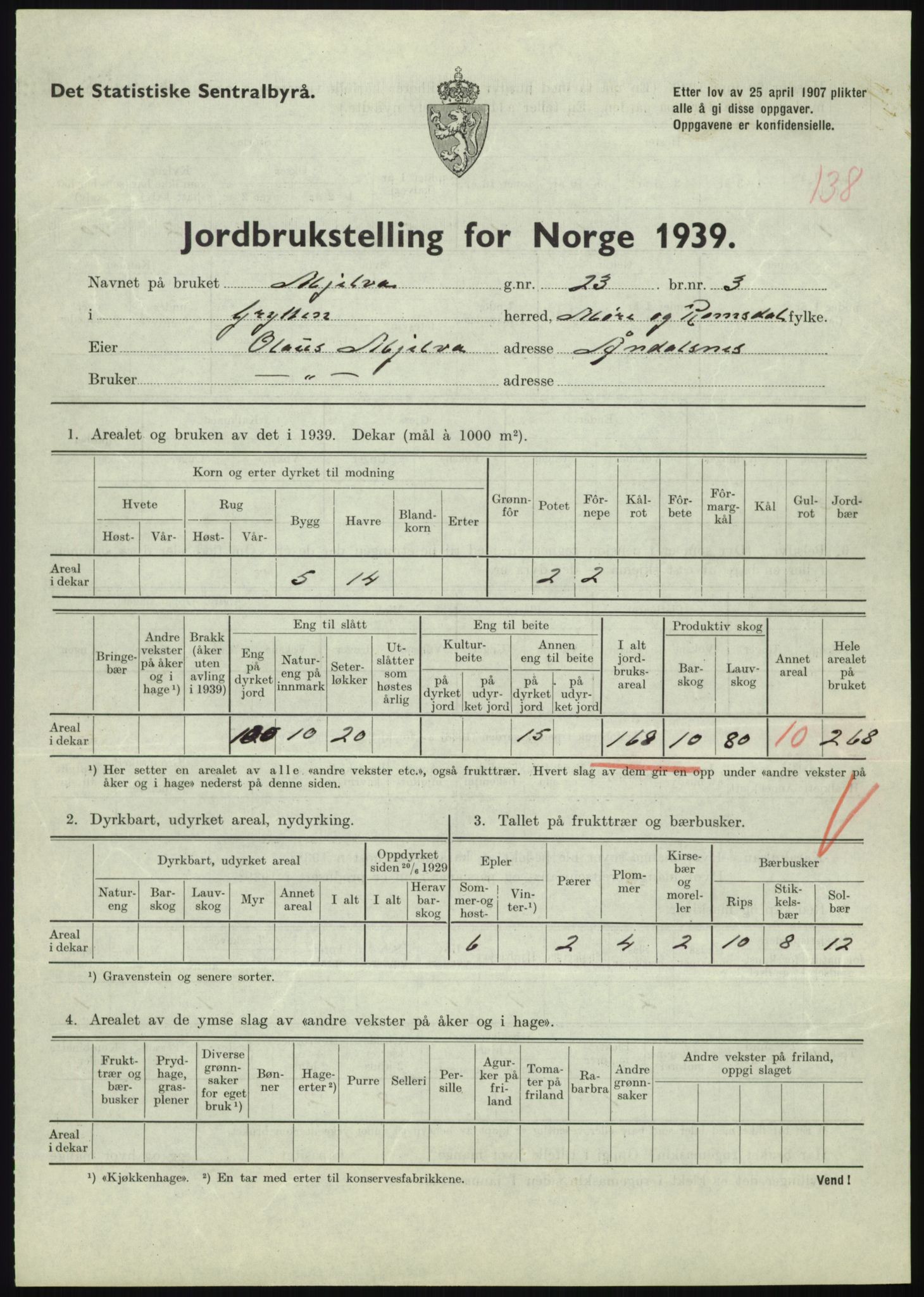 Statistisk sentralbyrå, Næringsøkonomiske emner, Jordbruk, skogbruk, jakt, fiske og fangst, AV/RA-S-2234/G/Gb/L0251: Møre og Romsdal: Voll, Eid, Grytten og Hen, 1939, s. 885