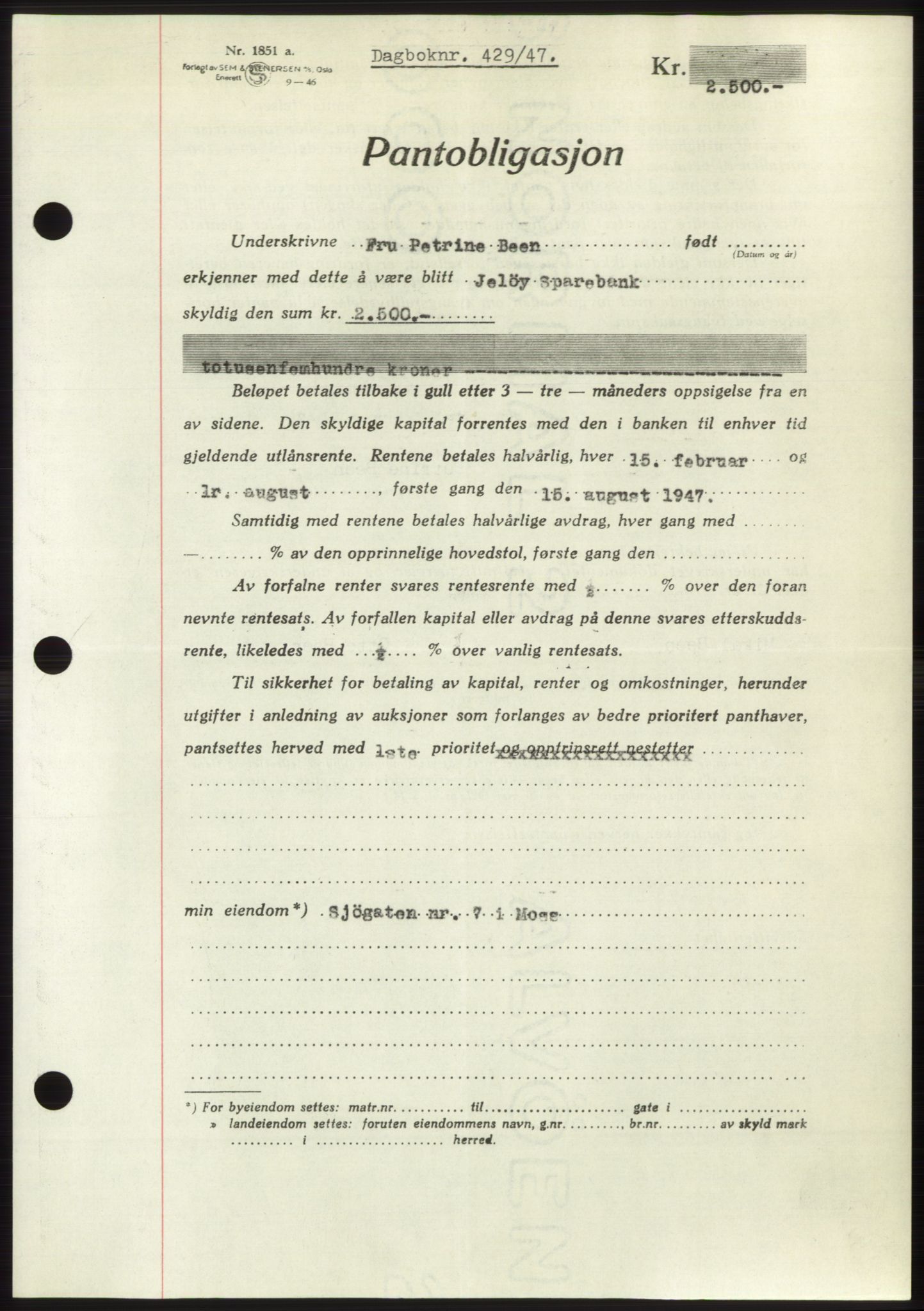 Moss sorenskriveri, SAO/A-10168: Pantebok nr. B16, 1946-1947, Dagboknr: 429/1947