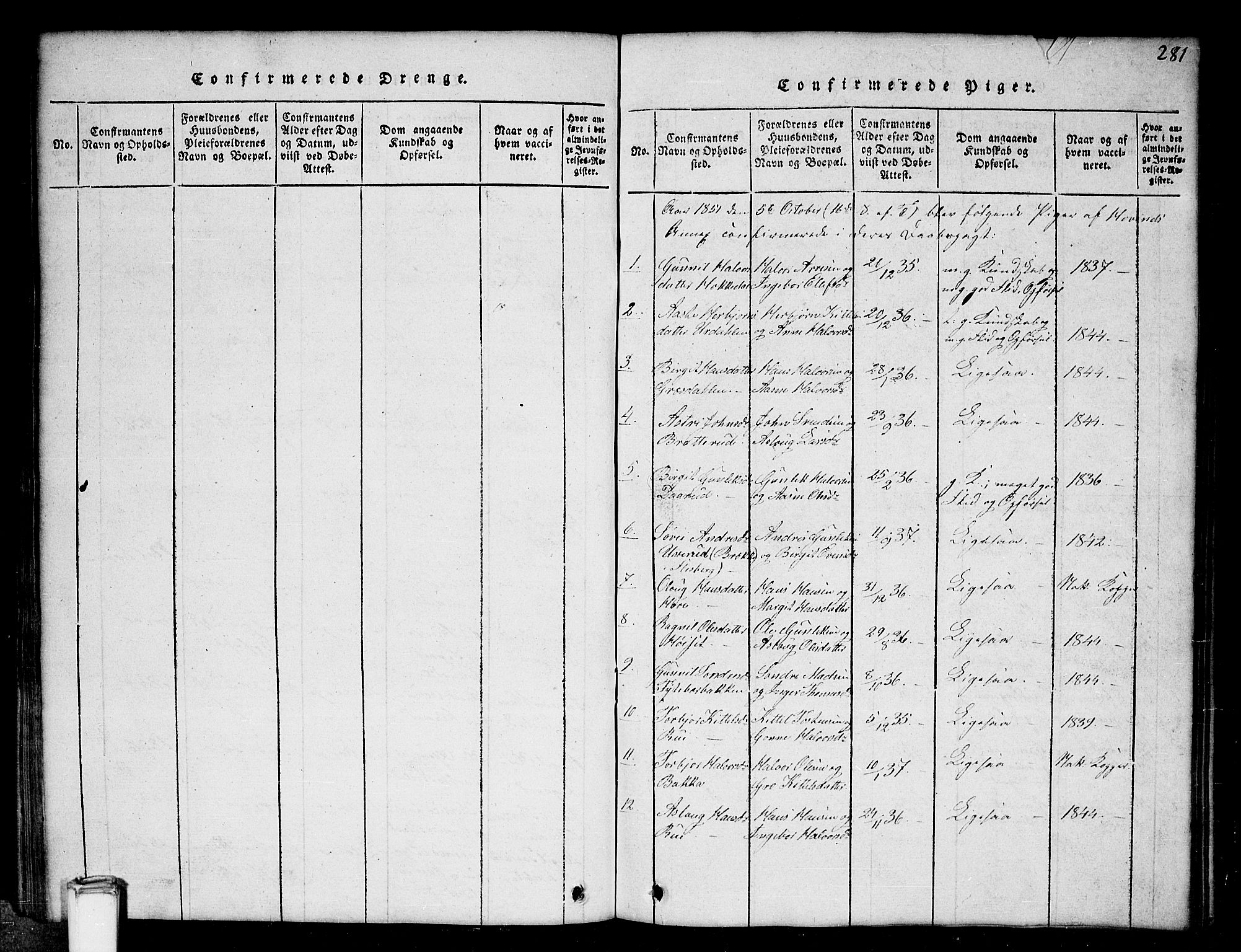 Gransherad kirkebøker, AV/SAKO-A-267/G/Gb/L0001: Klokkerbok nr. II 1, 1815-1860, s. 281