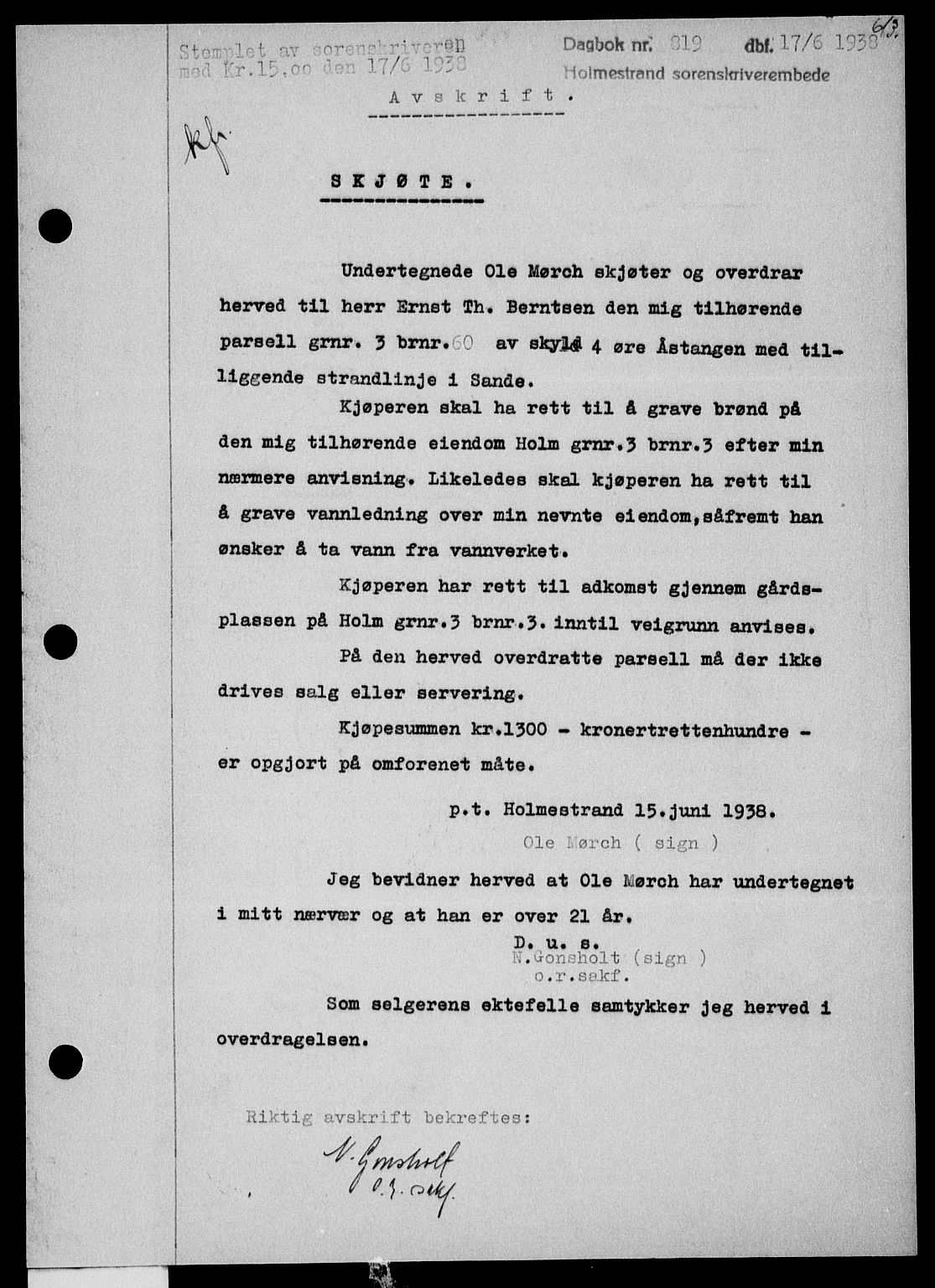 Holmestrand sorenskriveri, SAKO/A-67/G/Ga/Gaa/L0049: Pantebok nr. A-49, 1937-1938, Dagboknr: 819/1938