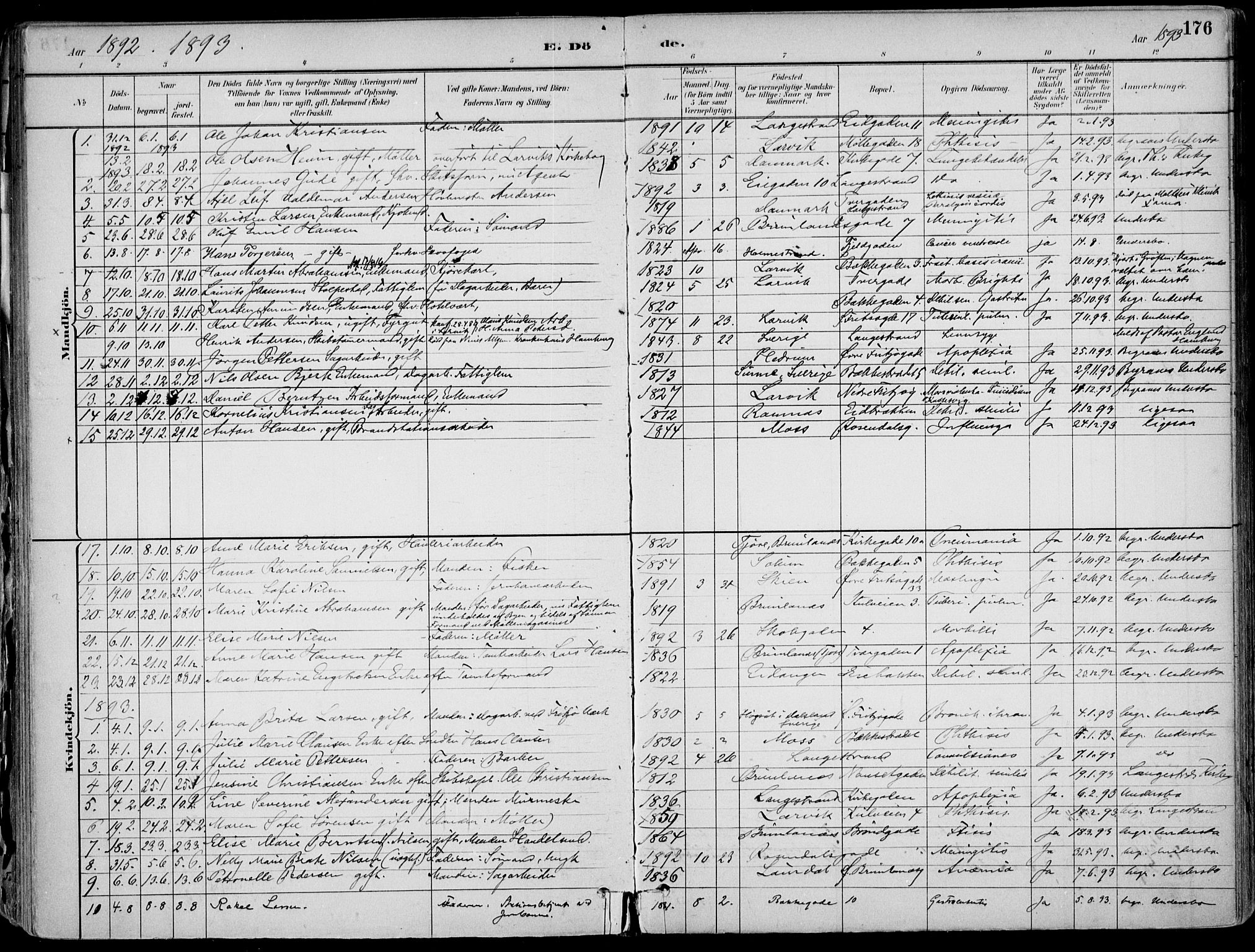 Larvik kirkebøker, AV/SAKO-A-352/F/Fb/L0004: Ministerialbok nr. II 4, 1884-1902, s. 176