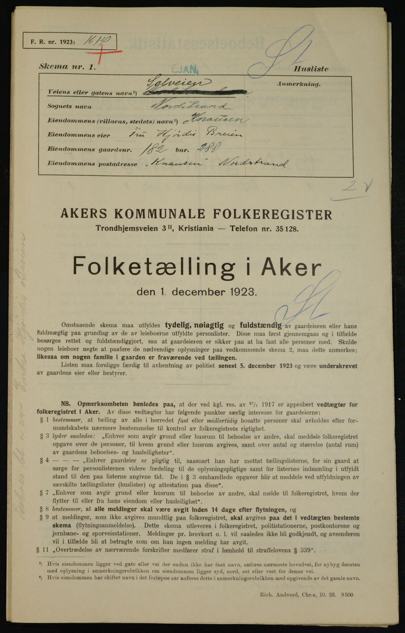 , Kommunal folketelling 1.12.1923 for Aker, 1923, s. 45796