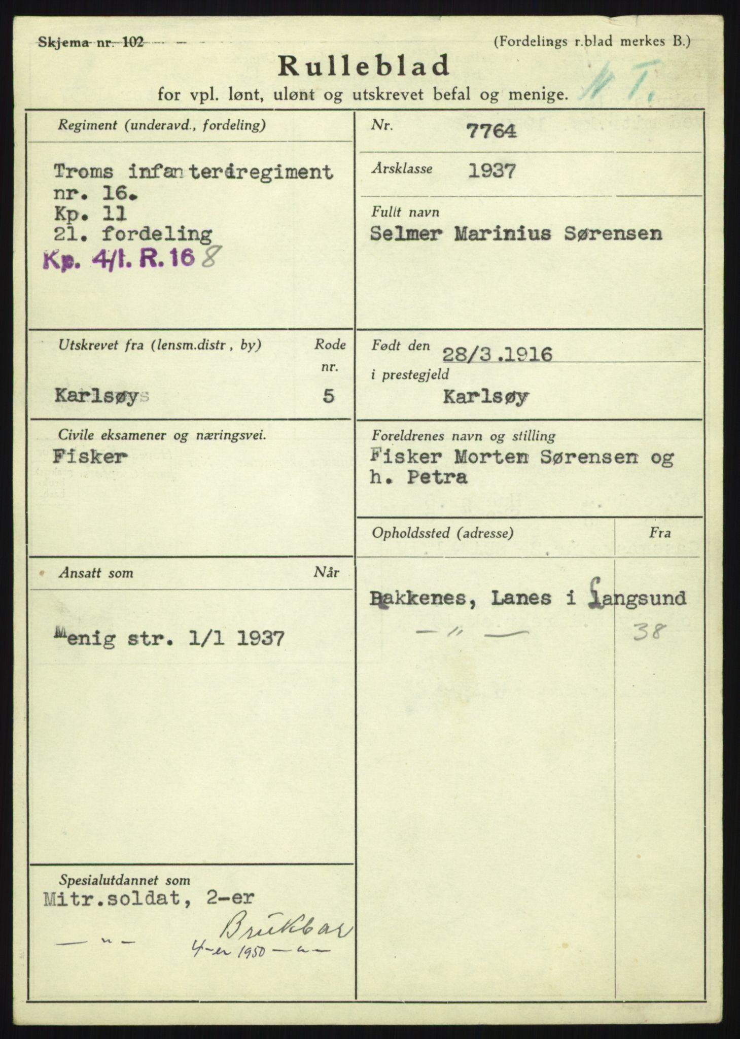 Forsvaret, Troms infanteriregiment nr. 16, AV/RA-RAFA-3146/P/Pa/L0021: Rulleblad for regimentets menige mannskaper, årsklasse 1937, 1937, s. 1155