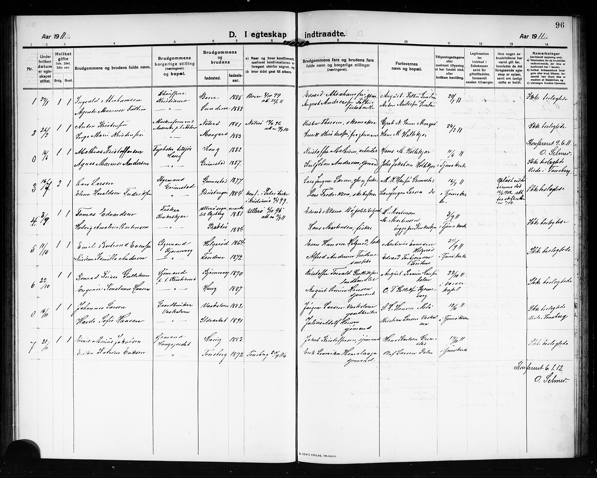 Tjøme kirkebøker, AV/SAKO-A-328/G/Ga/L0002: Klokkerbok nr. I 2, 1911-1920, s. 96