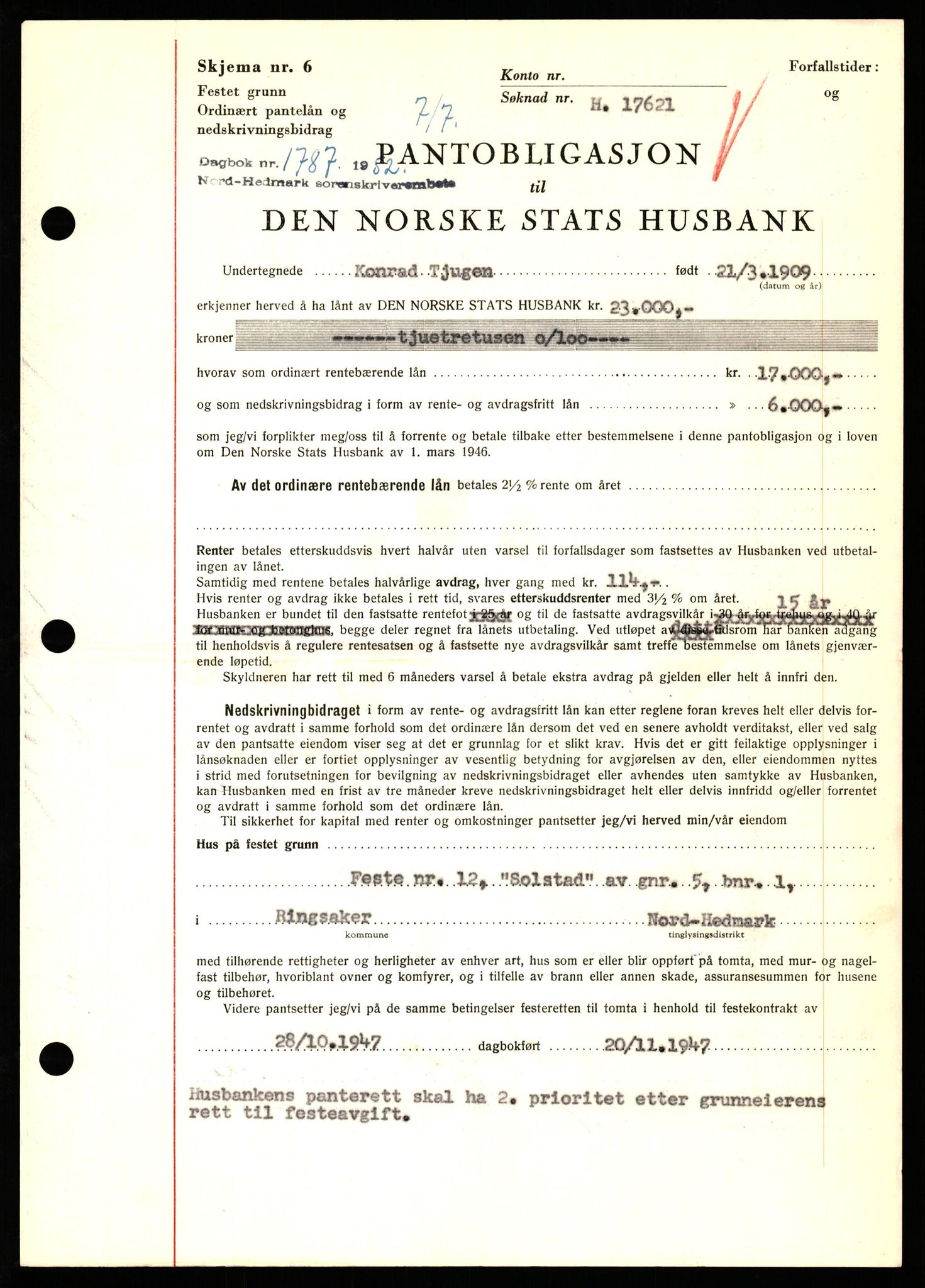 Nord-Hedmark sorenskriveri, SAH/TING-012/H/Hb/Hbf/L0025: Pantebok nr. B25, 1952-1952, Dagboknr: 1787/1952