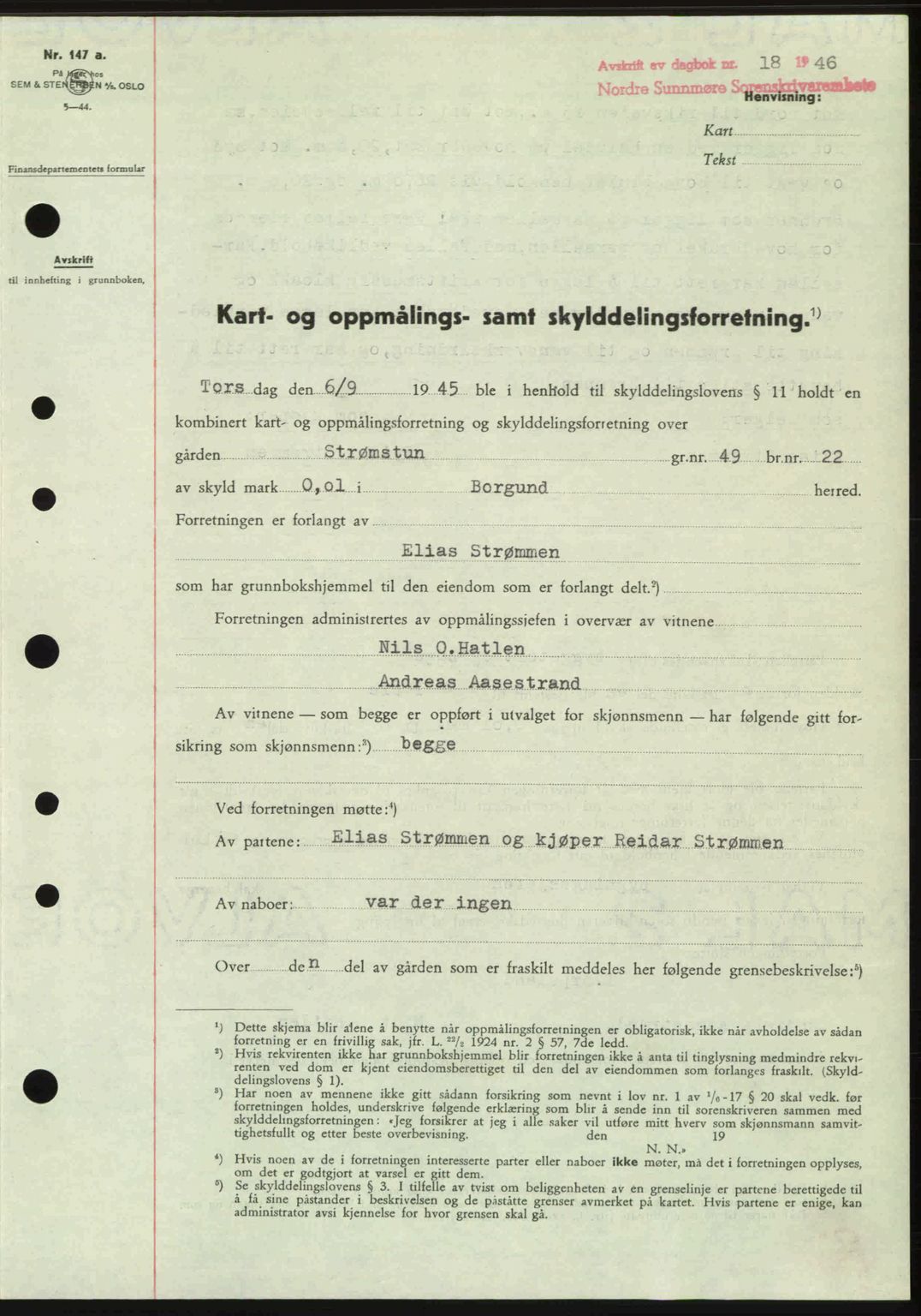 Nordre Sunnmøre sorenskriveri, AV/SAT-A-0006/1/2/2C/2Ca: Pantebok nr. A20b, 1946-1946, Dagboknr: 18/1946