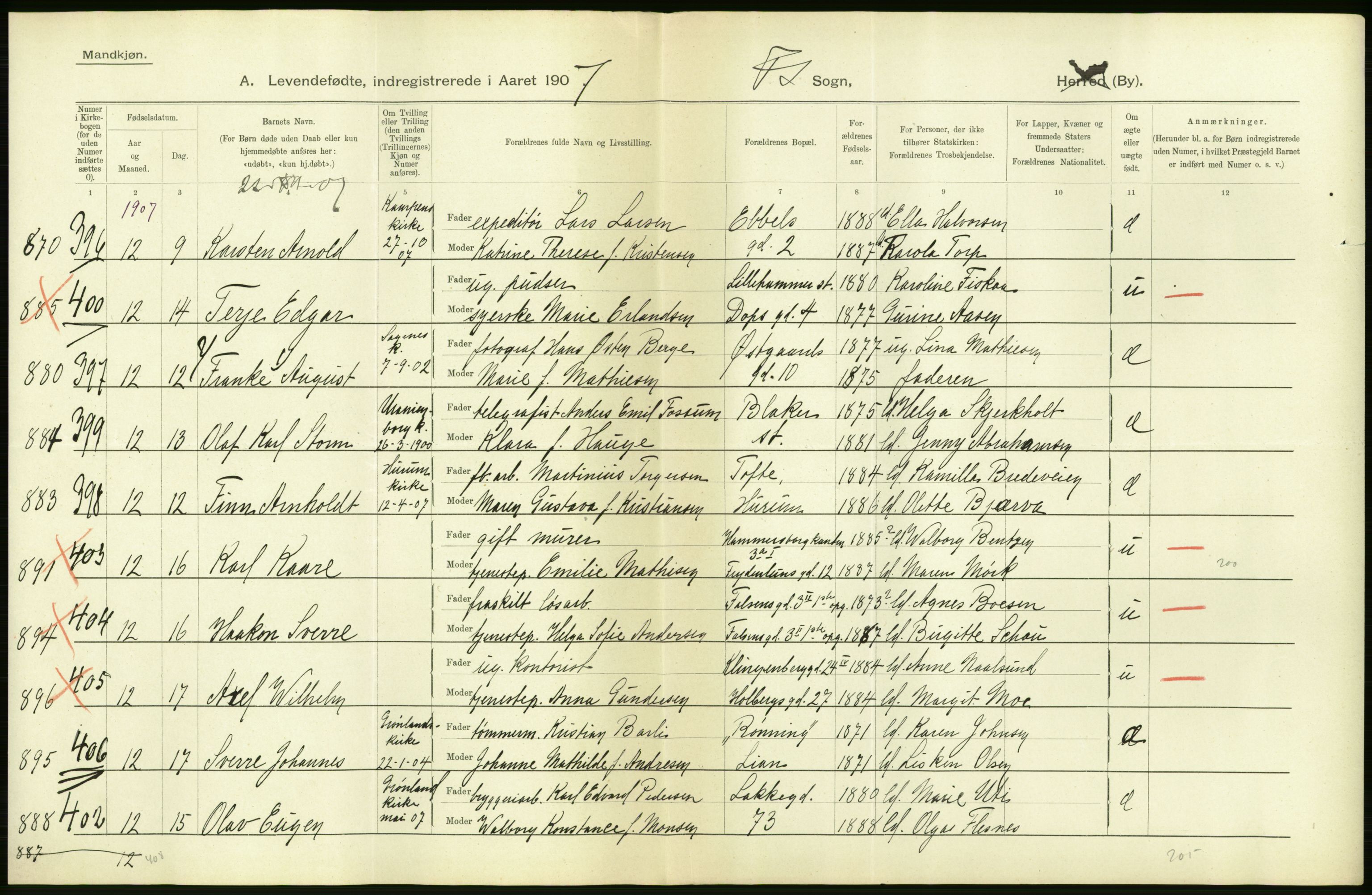 Statistisk sentralbyrå, Sosiodemografiske emner, Befolkning, AV/RA-S-2228/D/Df/Dfa/Dfae/L0007: Kristiania: Levendefødte menn og kvinner., 1907, s. 6