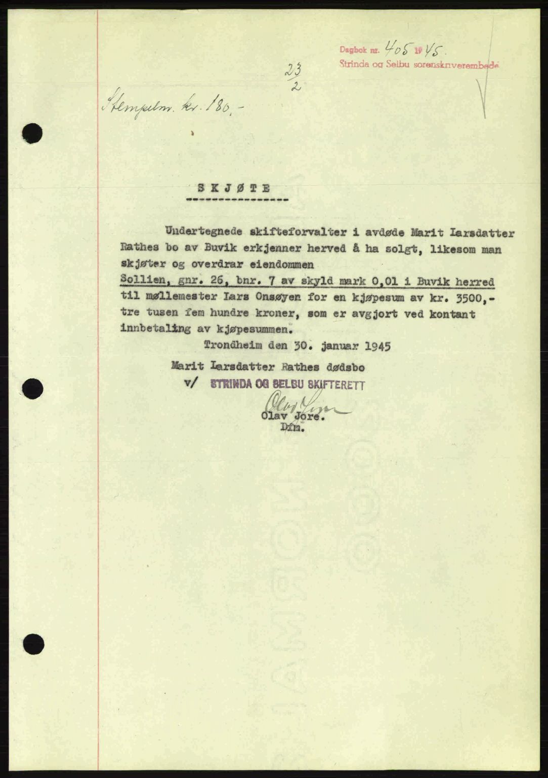 Strinda og Selbu sorenskriveri, SAT/A-0015/2/2C: Pantebok nr. A9, 1944-1945, Dagboknr: 405/1945