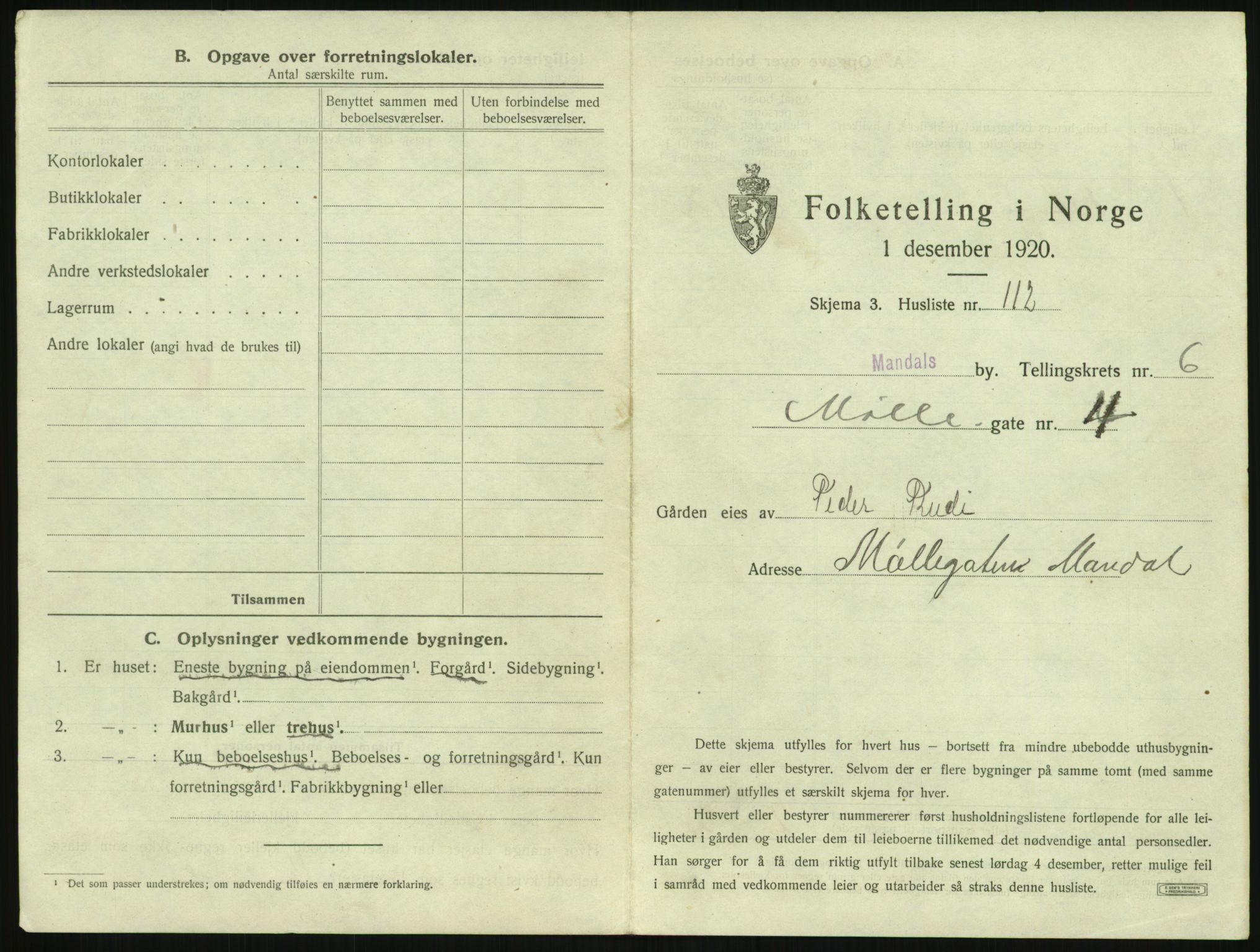 SAK, Folketelling 1920 for 1002 Mandal ladested, 1920, s. 1409