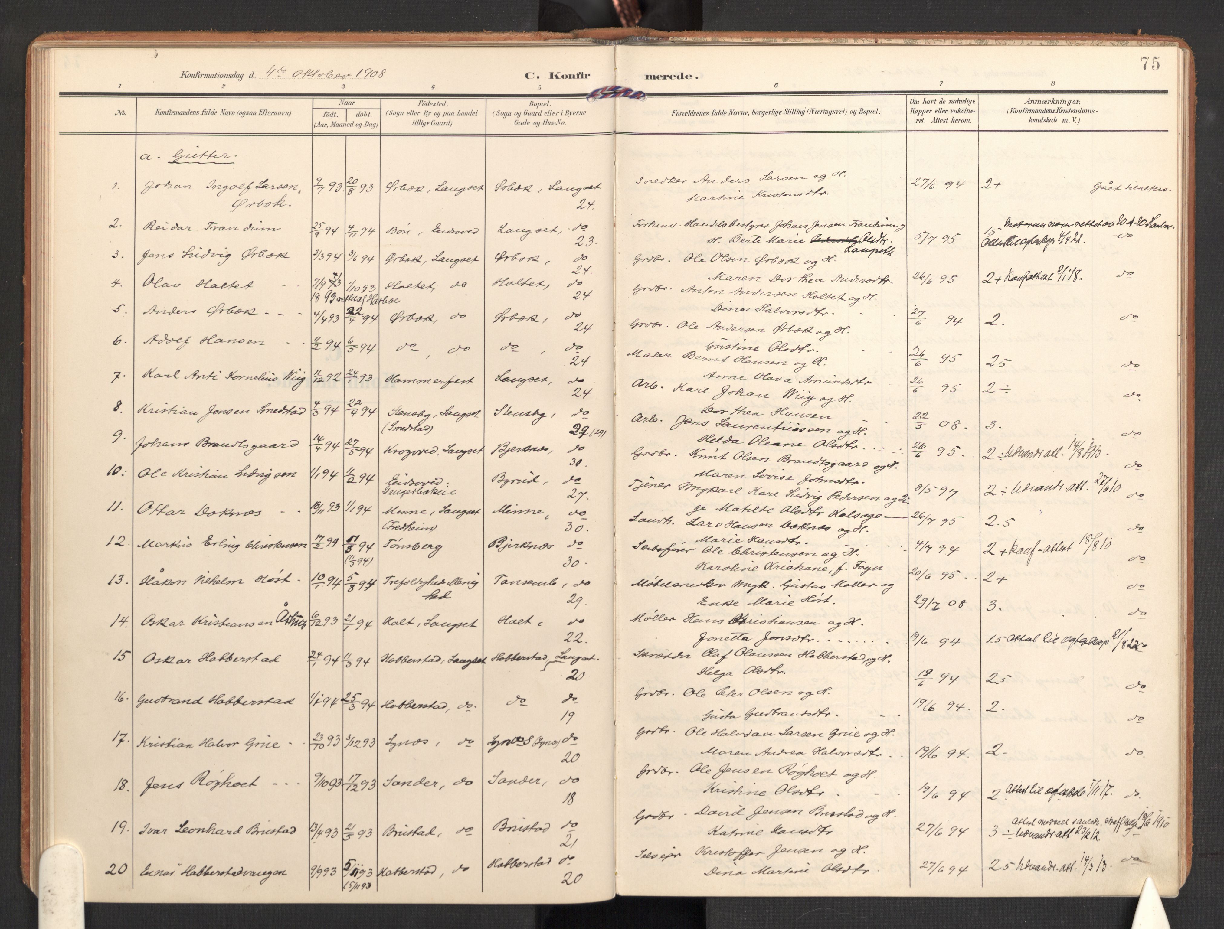 Eidsvoll prestekontor Kirkebøker, AV/SAO-A-10888/G/Gb/L0003: Klokkerbok nr. II 3, 1908-1919, s. 75