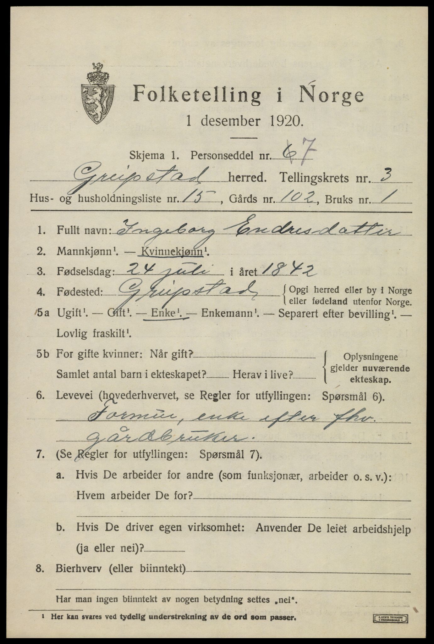 SAK, Folketelling 1920 for 1017 Greipstad herred, 1920, s. 1372