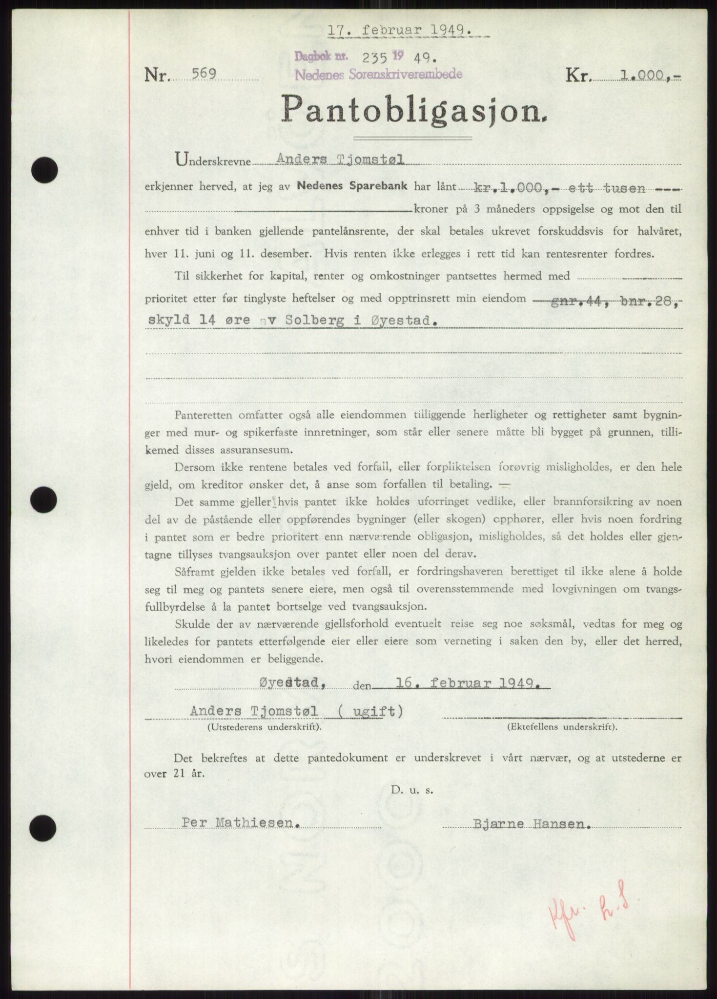 Nedenes sorenskriveri, SAK/1221-0006/G/Gb/Gbb/L0006: Pantebok nr. B6, 1948-1949, Dagboknr: 235/1949