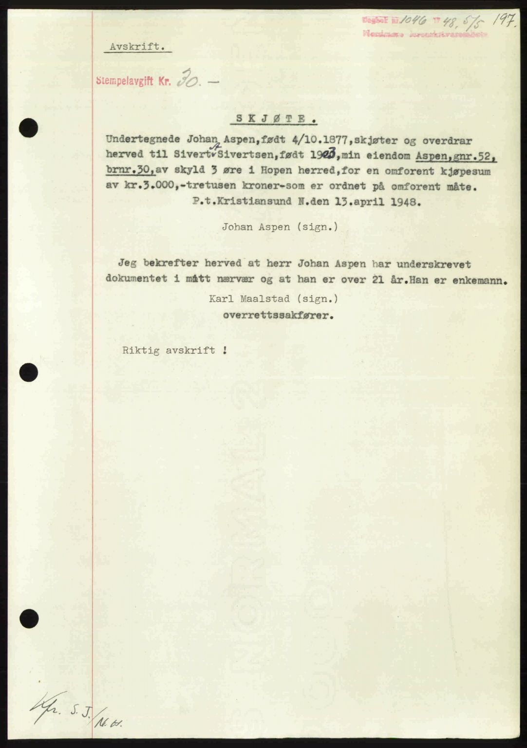 Nordmøre sorenskriveri, SAT/A-4132/1/2/2Ca: Pantebok nr. A108, 1948-1948, Dagboknr: 1046/1948