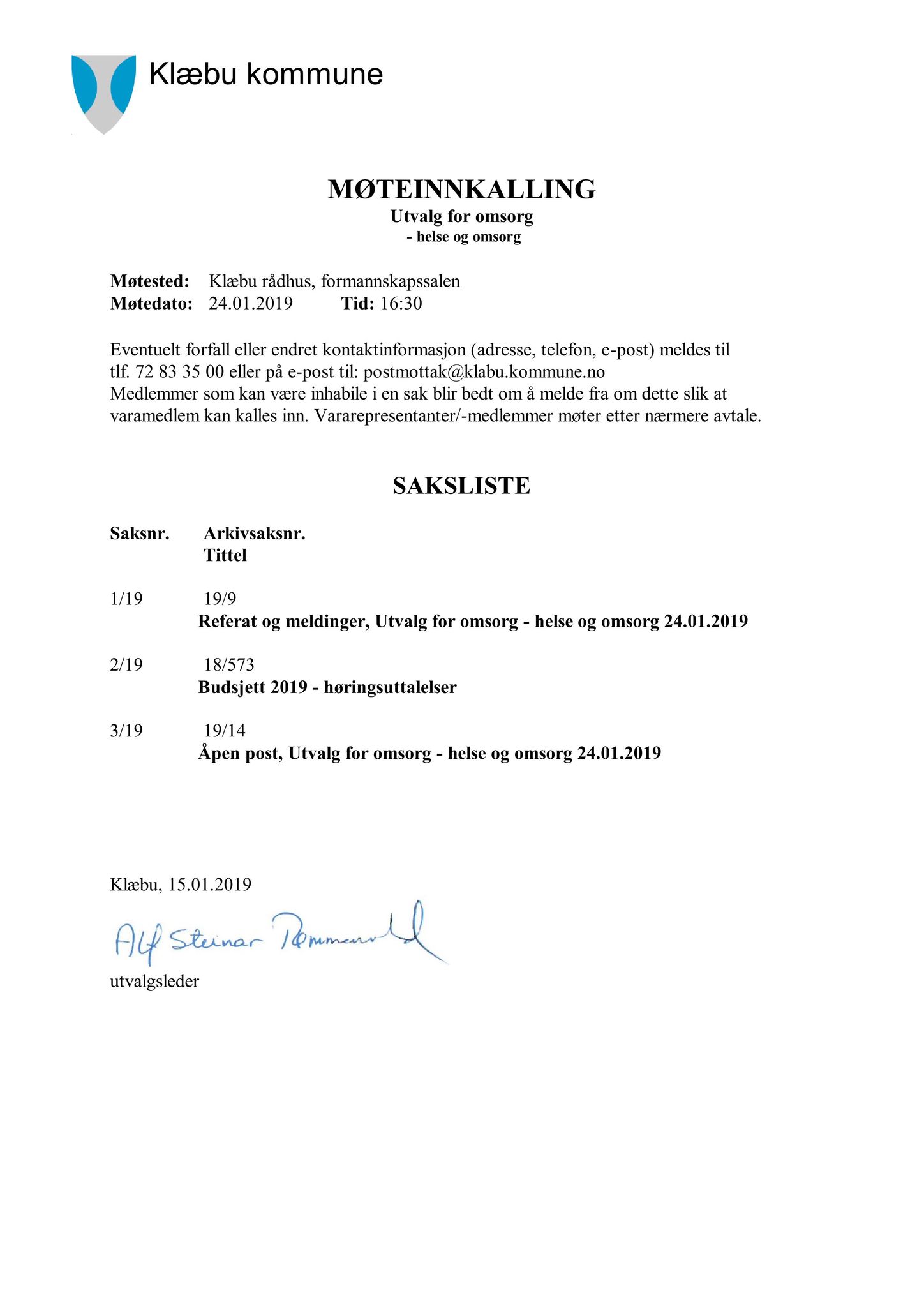 Klæbu Kommune, TRKO/KK/05-UOm/L010: Utvalg for omsorg - Møtedokumenter, 2019, s. 2