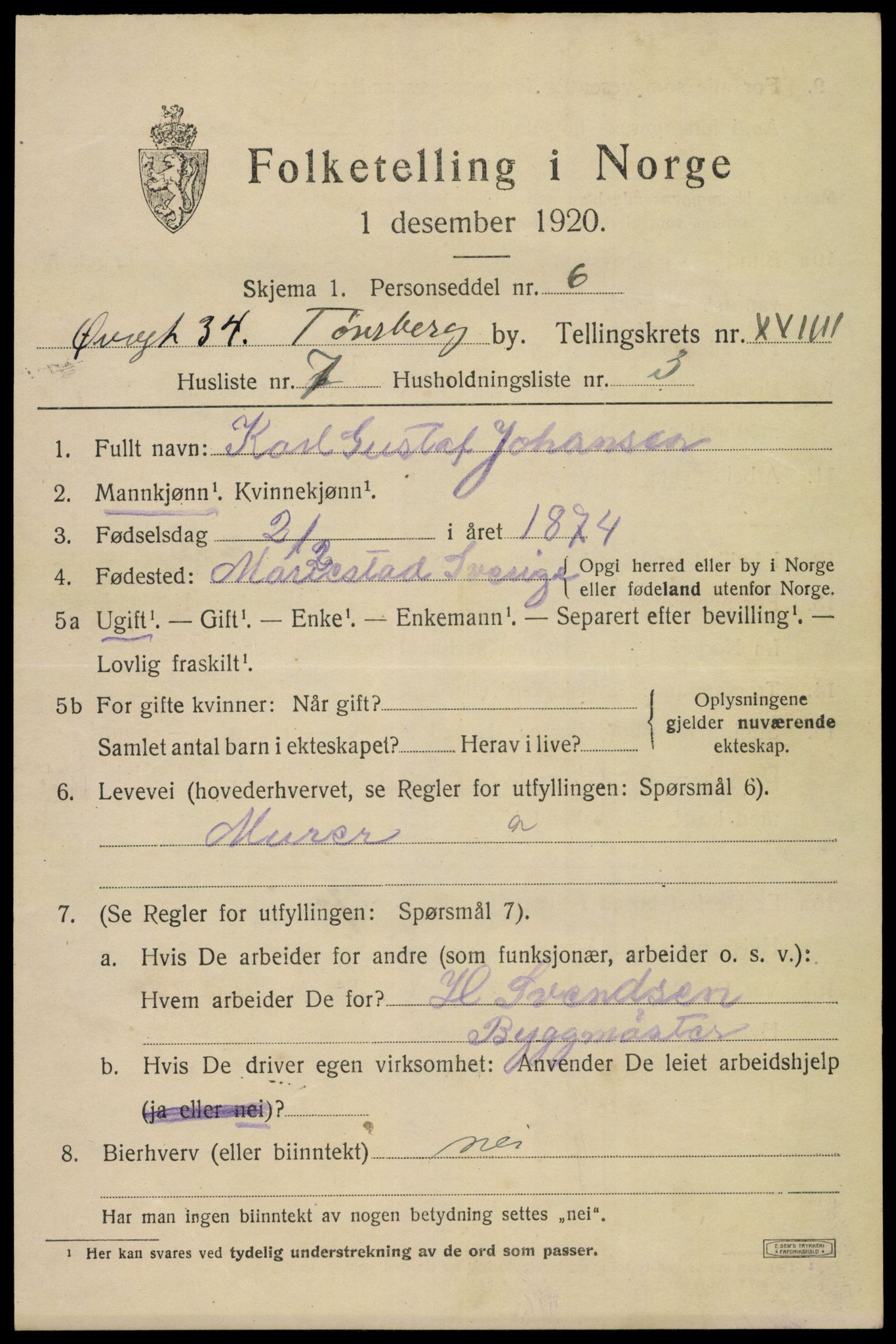SAKO, Folketelling 1920 for 0705 Tønsberg kjøpstad, 1920, s. 33439