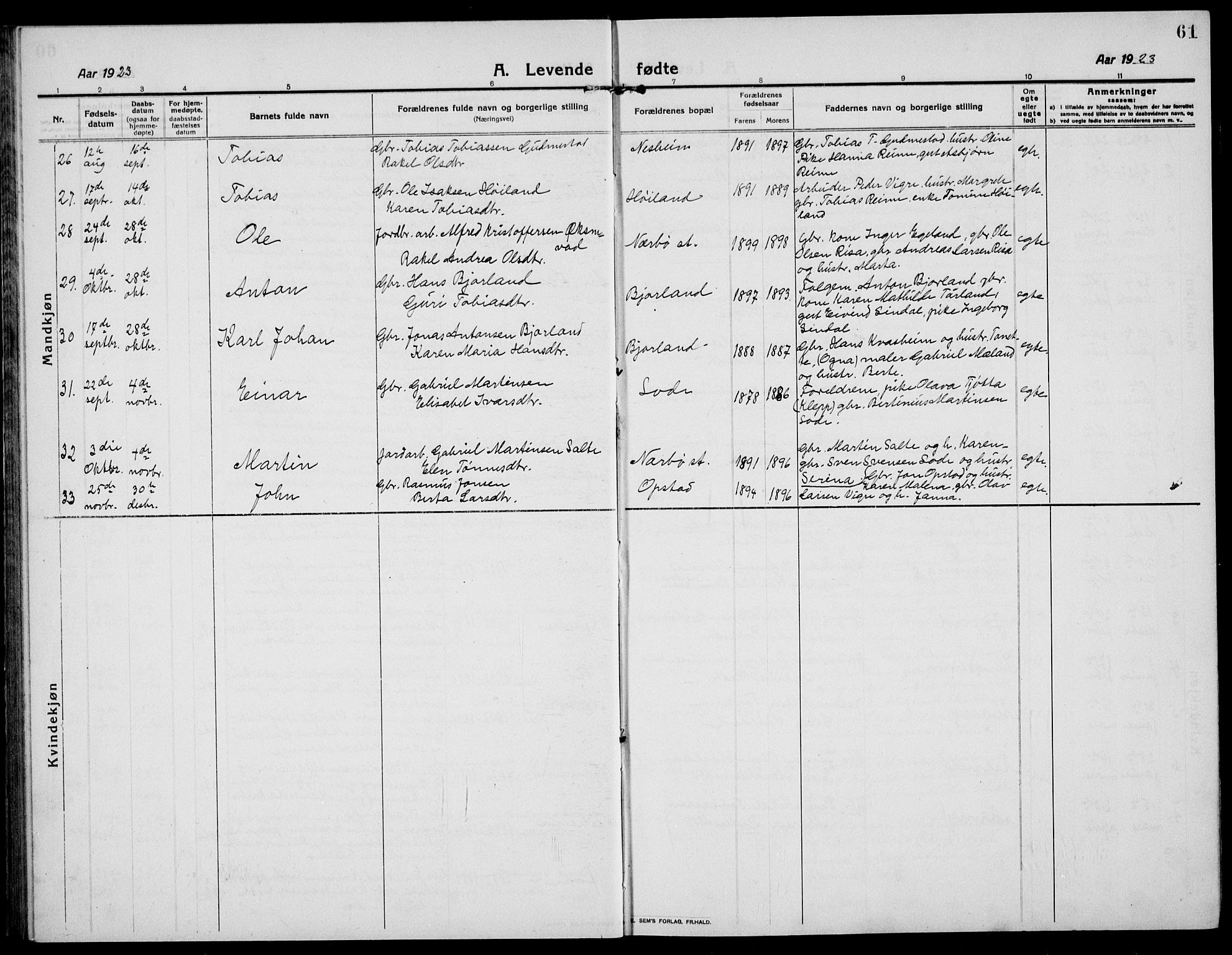 Hå sokneprestkontor, AV/SAST-A-101801/001/30BB/L0007: Klokkerbok nr. B 7, 1912-1939, s. 61