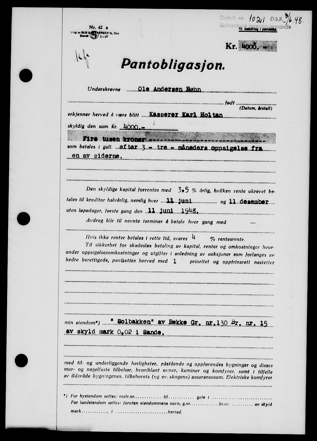 Holmestrand sorenskriveri, SAKO/A-67/G/Ga/Gab/L0058: Pantebok nr. B-58, 1947-1948, Dagboknr: 1021/1948
