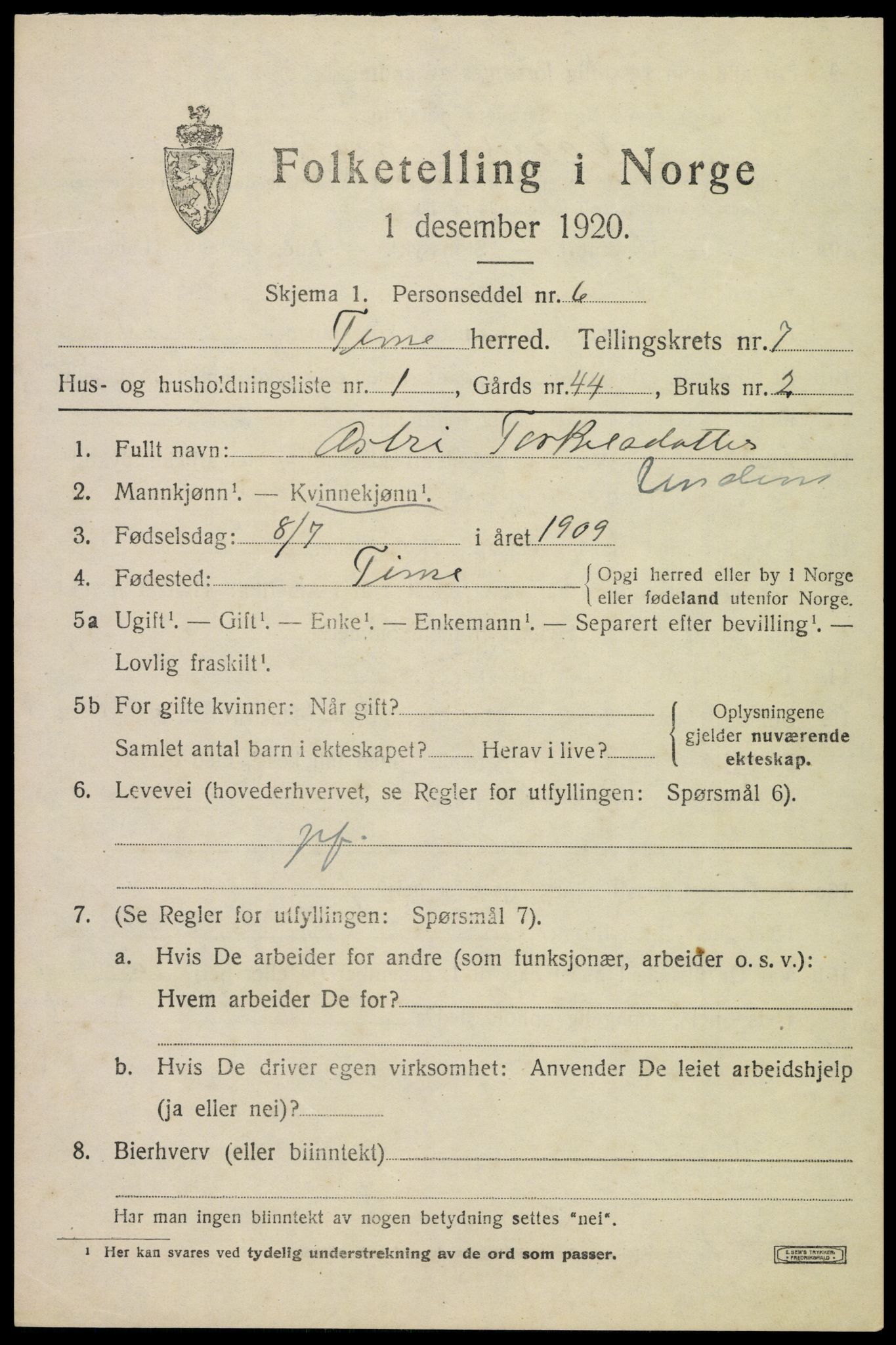 SAST, Folketelling 1920 for 1121 Time herred, 1920, s. 7255